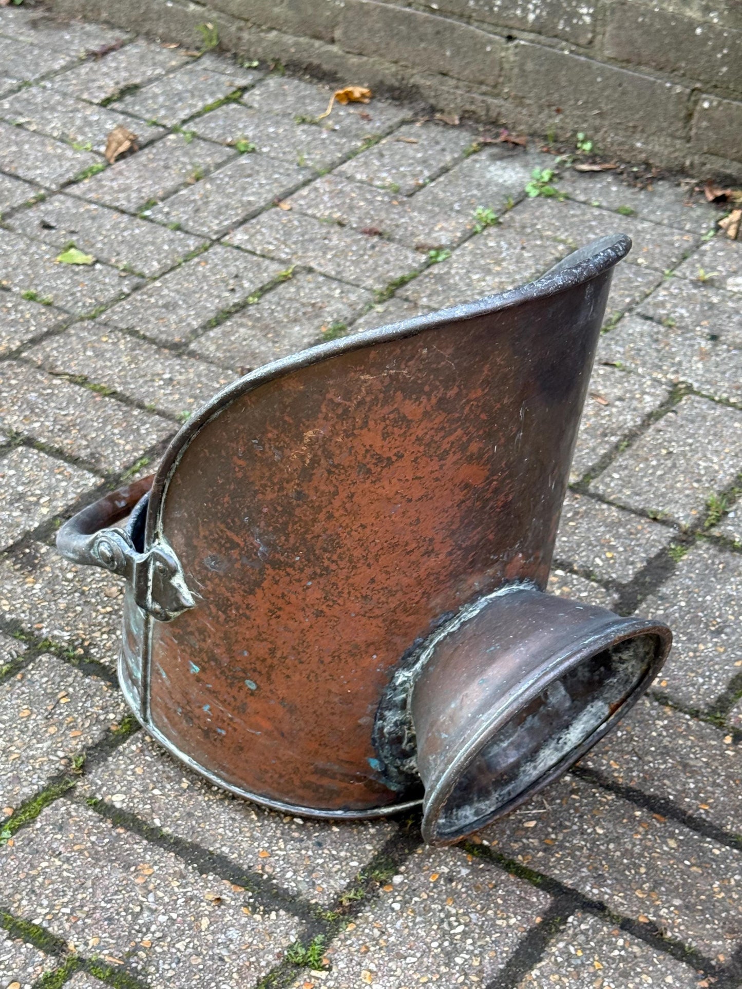 Antique Edwardian Copper Coal Scuttle with Brass Handles – Early 1900s English Fireside Bucket / Vintage Patinated Copper Planter