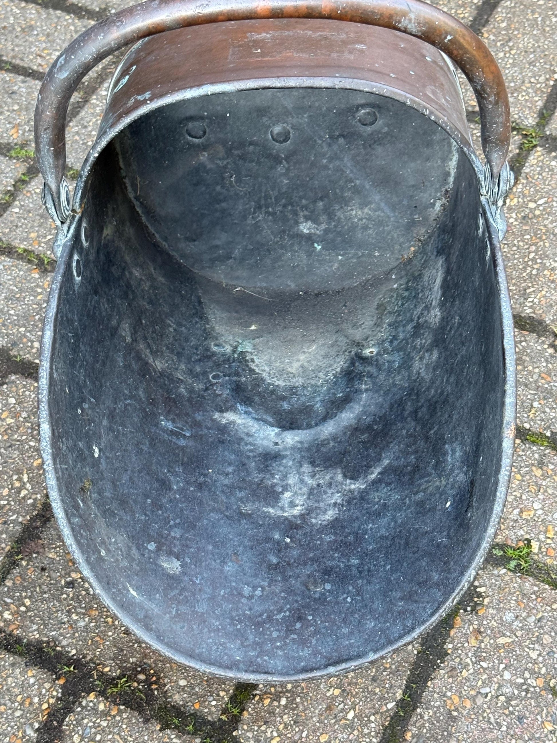 Antique Edwardian Copper Coal Scuttle with Brass Handles – Early 1900s English Fireside Bucket / Vintage Patinated Copper Planter