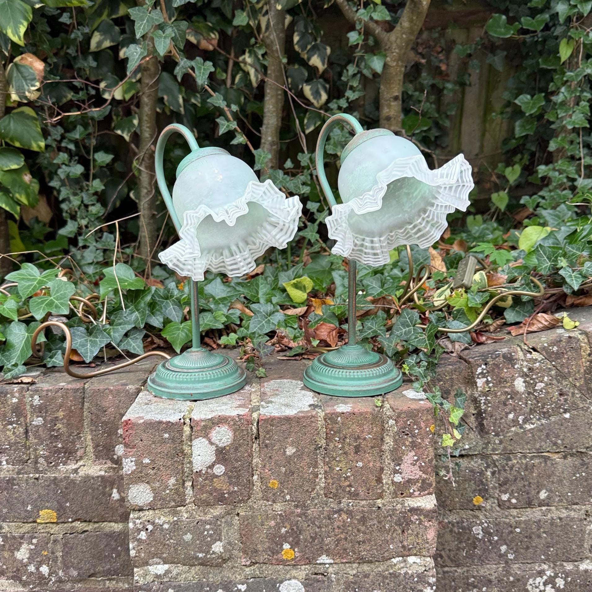 art decor revival BHS lamps. Pair bedside lamps with aged metal and glass shades. cottage style bedside lamps. green and white lamps