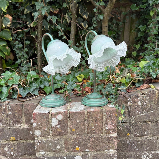 art decor revival BHS lamps. Pair bedside lamps with aged metal and glass shades. cottage style bedside lamps. green and white lamps