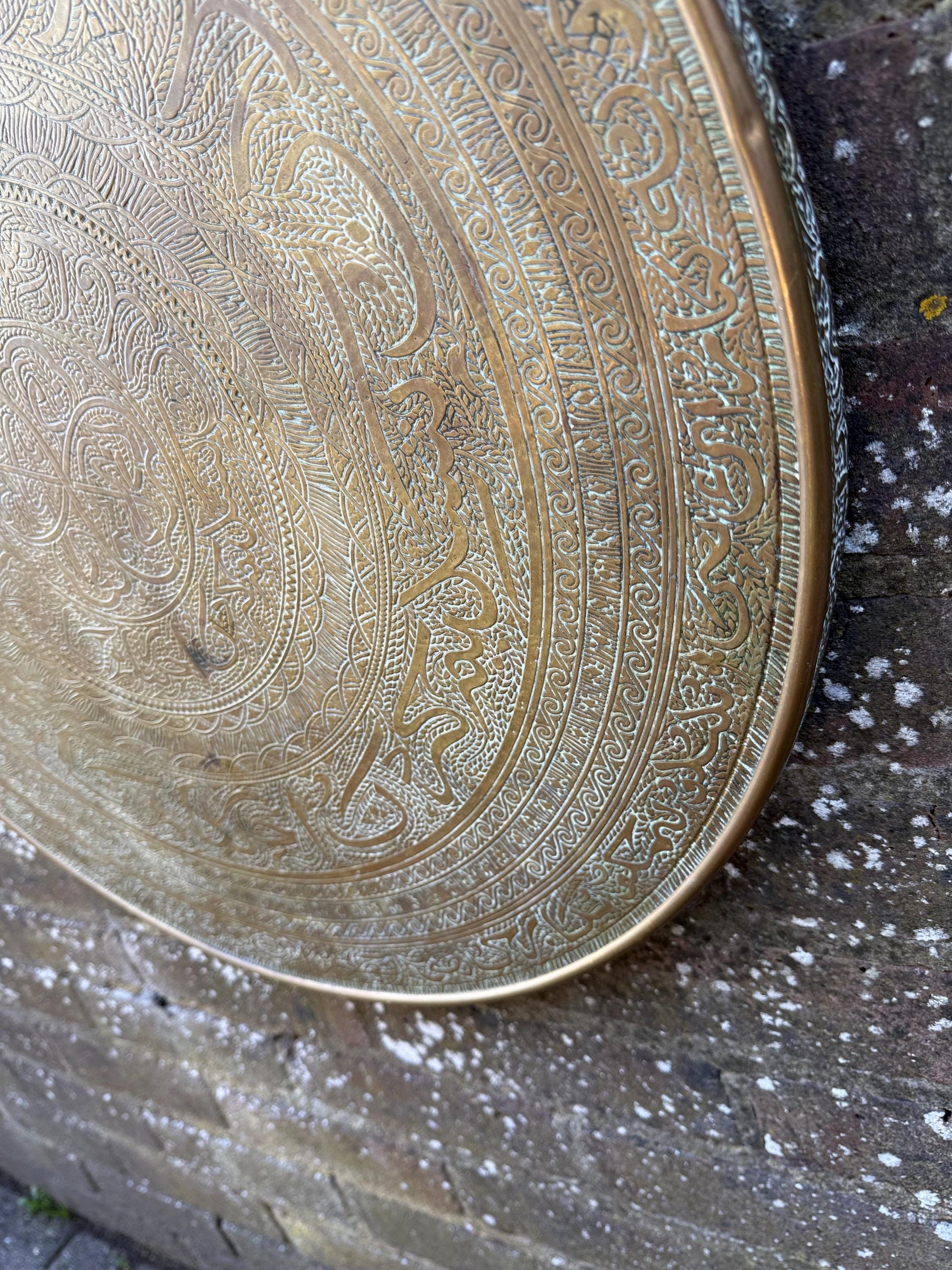 Early mid 1900s Brass Benares Tray Wall Hanging, Hand-Etched Indian Table Tray, Vintage Mid Century Boho Decor, Orientalist Decorative Art