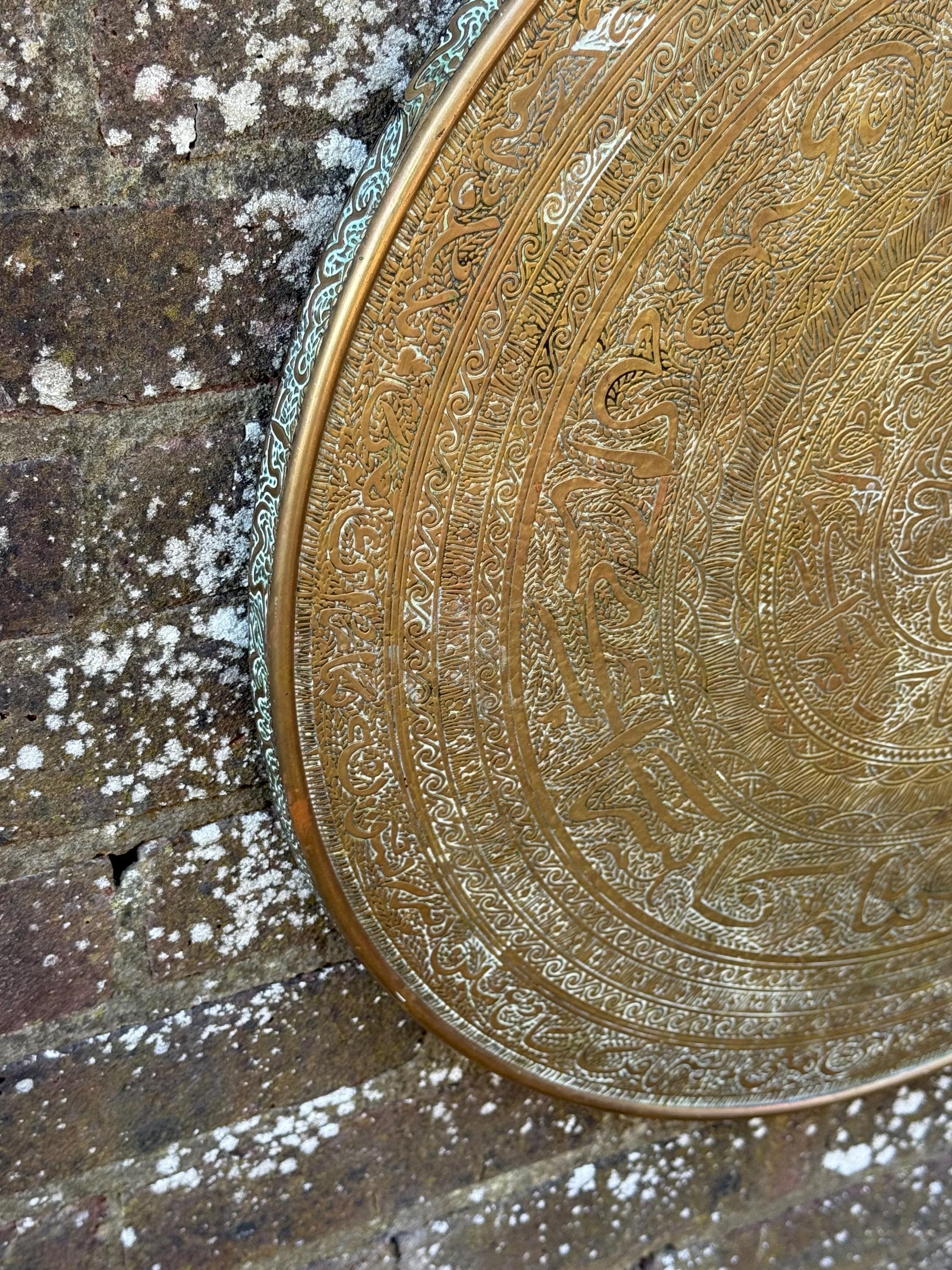 Early mid 1900s Brass Benares Tray Wall Hanging, Hand-Etched Indian Table Tray, Vintage Mid Century Boho Decor, Orientalist Decorative Art