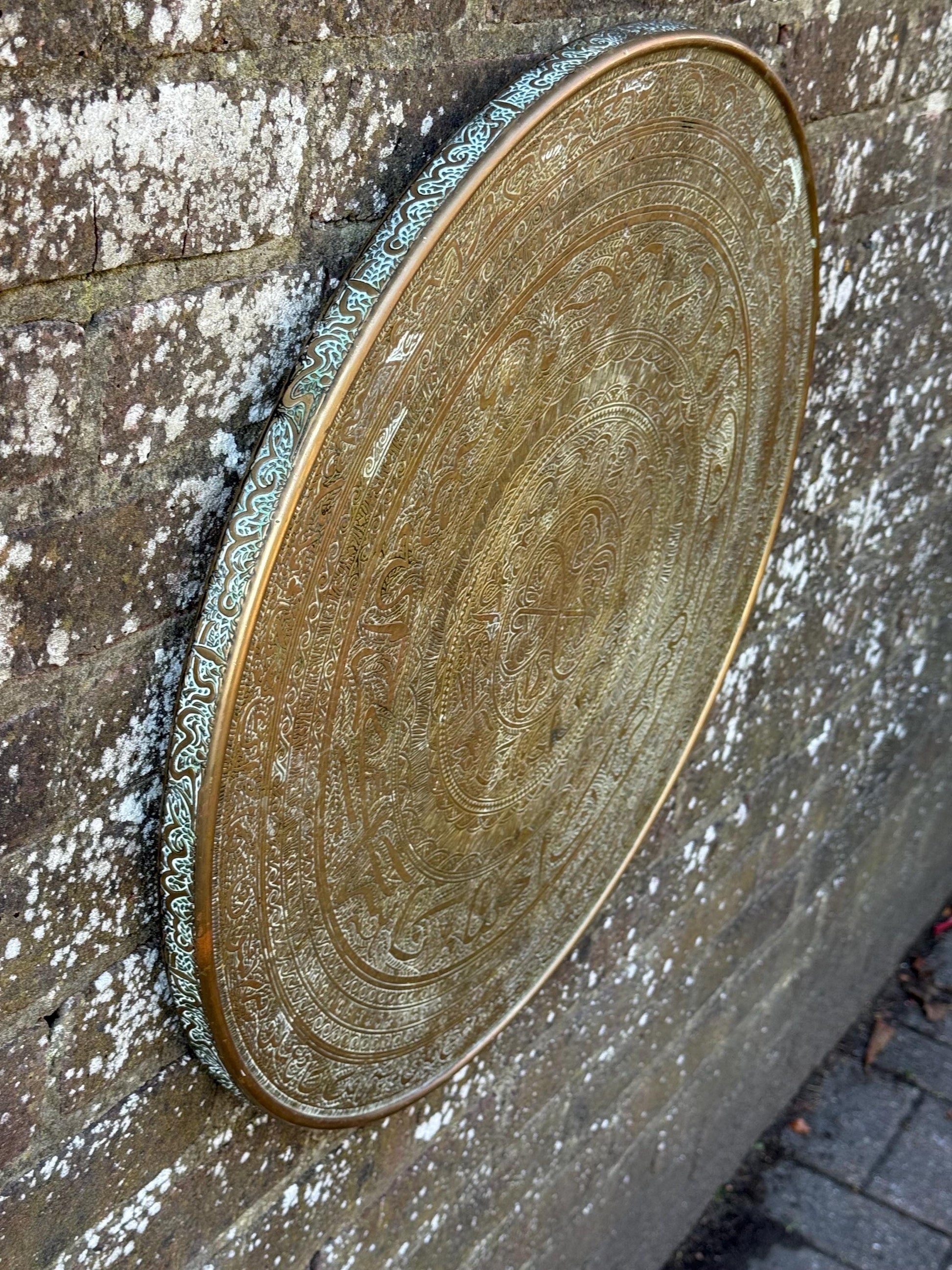 Early mid 1900s Brass Benares Tray Wall Hanging, Hand-Etched Indian Table Tray, Vintage Mid Century Boho Decor, Orientalist Decorative Art