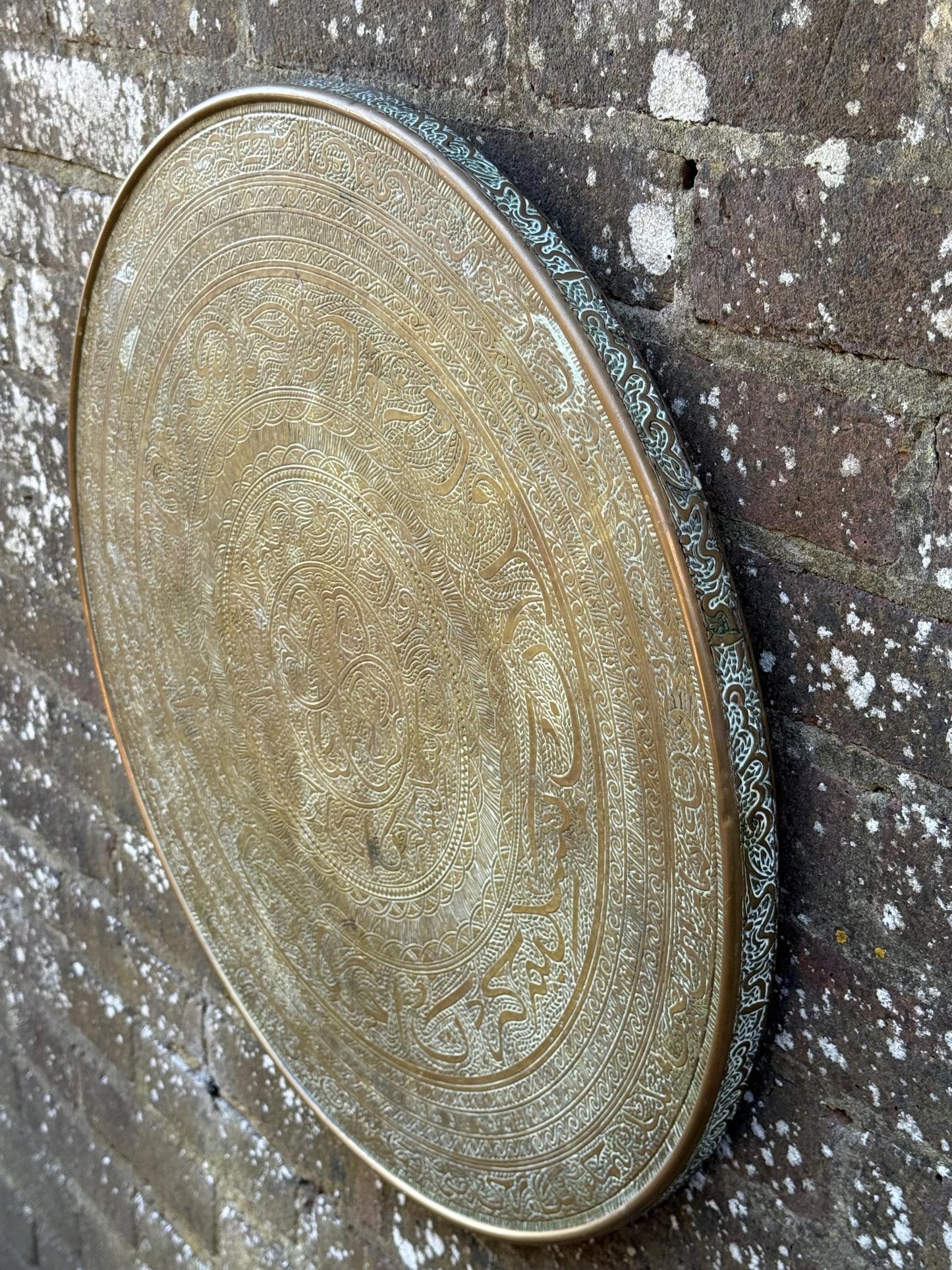 Early mid 1900s Brass Benares Tray Wall Hanging, Hand-Etched Indian Table Tray, Vintage Mid Century Boho Decor, Orientalist Decorative Art