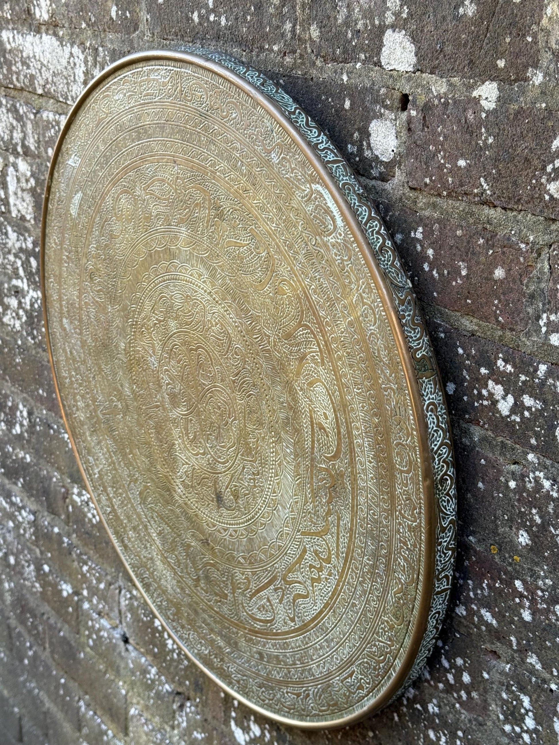 Early mid 1900s Brass Benares Tray Wall Hanging, Hand-Etched Indian Table Tray, Vintage Mid Century Boho Decor, Orientalist Decorative Art