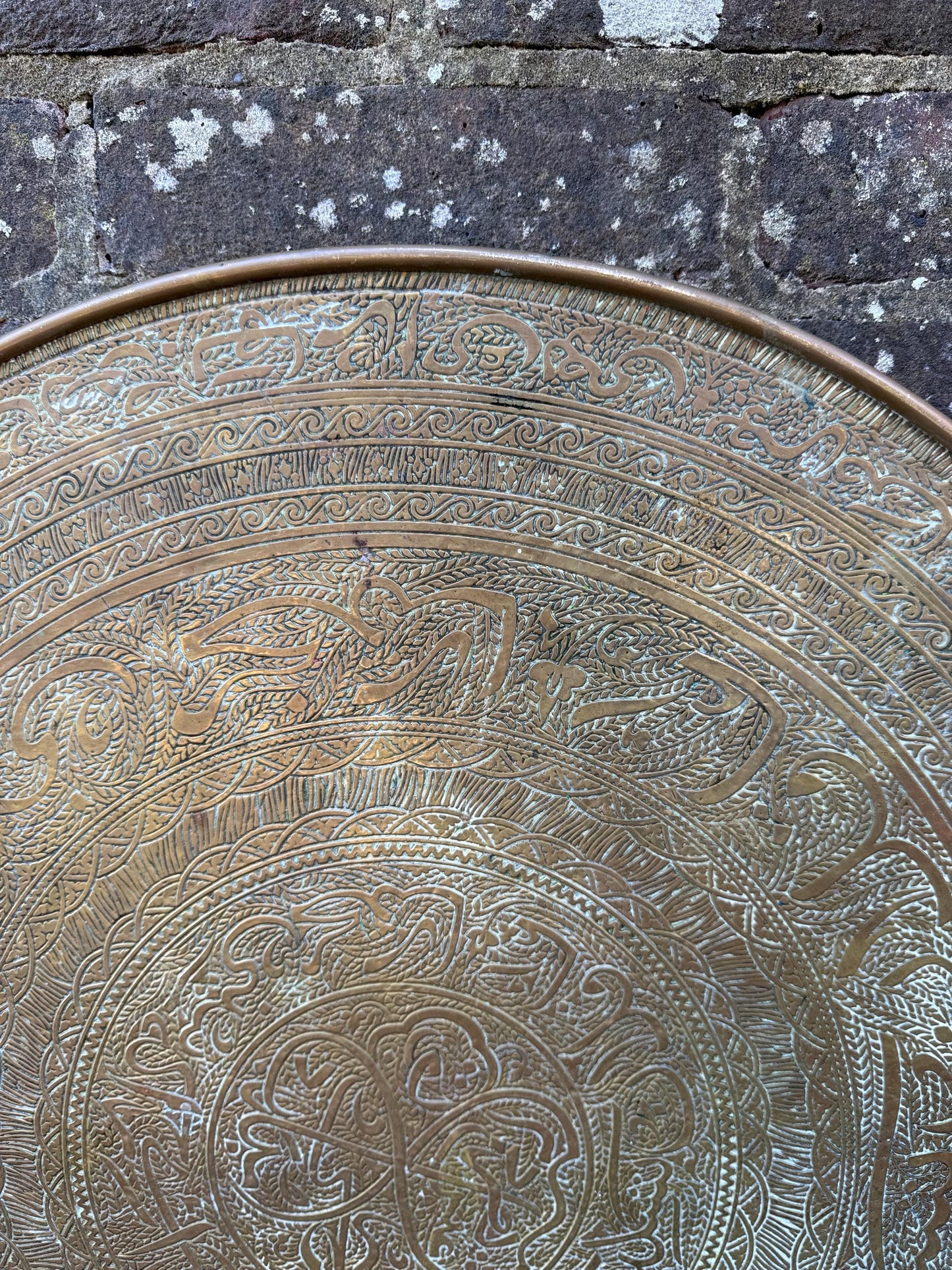Early mid 1900s Brass Benares Tray Wall Hanging, Hand-Etched Indian Table Tray, Vintage Mid Century Boho Decor, Orientalist Decorative Art