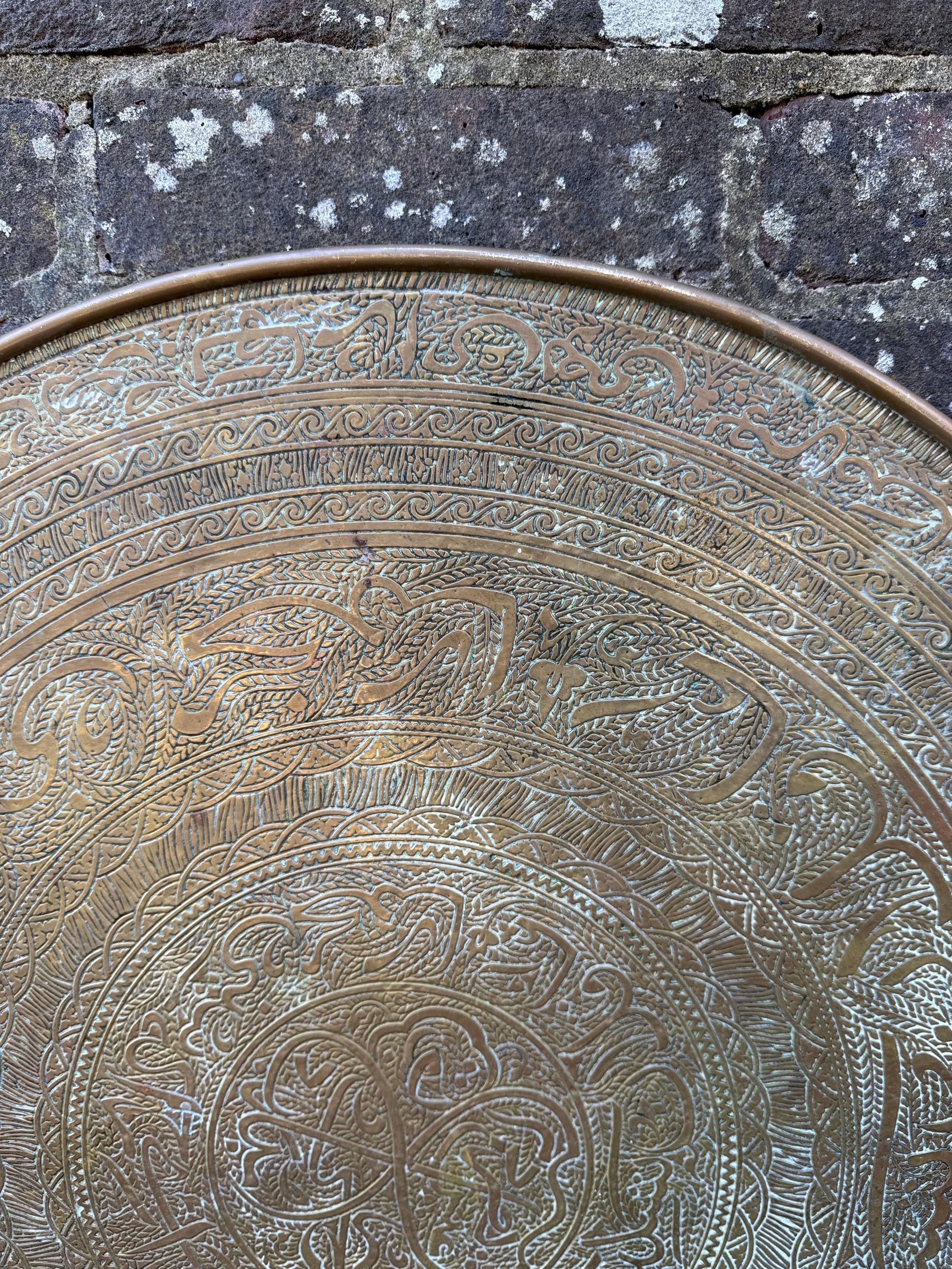 Early mid 1900s Brass Benares Tray Wall Hanging, Hand-Etched Indian Table Tray, Vintage Mid Century Boho Decor, Orientalist Decorative Art