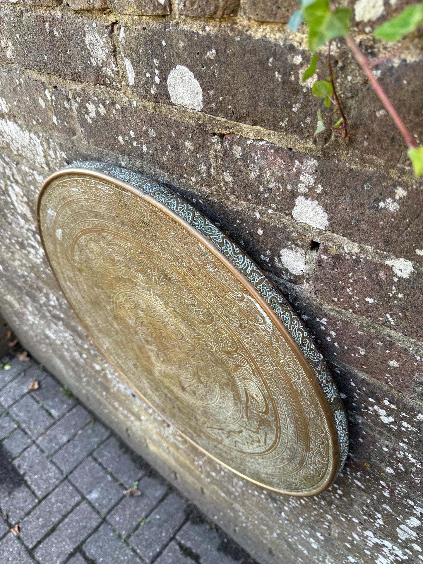Early mid 1900s Brass Benares Tray Wall Hanging, Hand-Etched Indian Table Tray, Vintage Mid Century Boho Decor, Orientalist Decorative Art