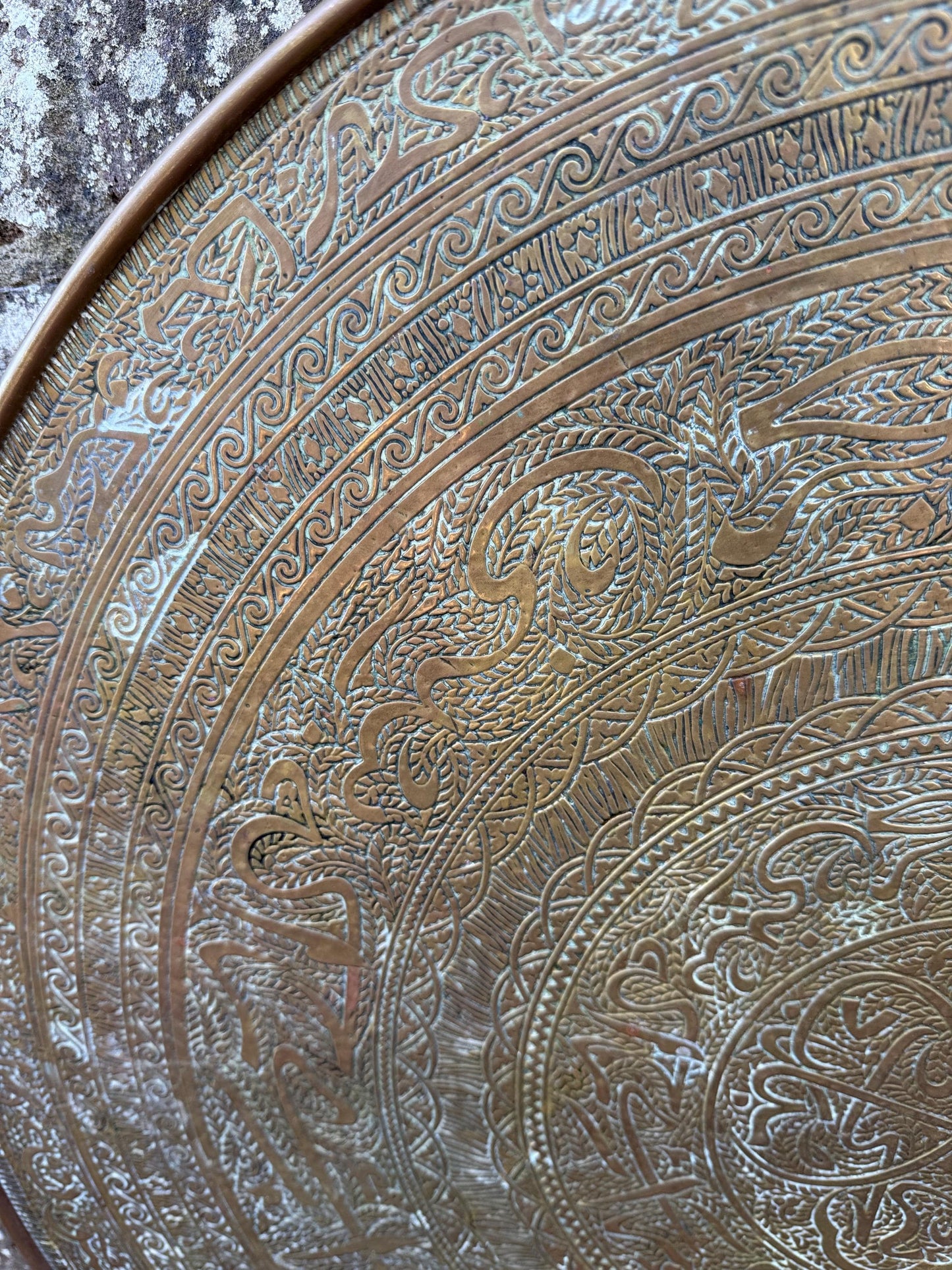Early mid 1900s Brass Benares Tray Wall Hanging, Hand-Etched Indian Table Tray, Vintage Mid Century Boho Decor, Orientalist Decorative Art