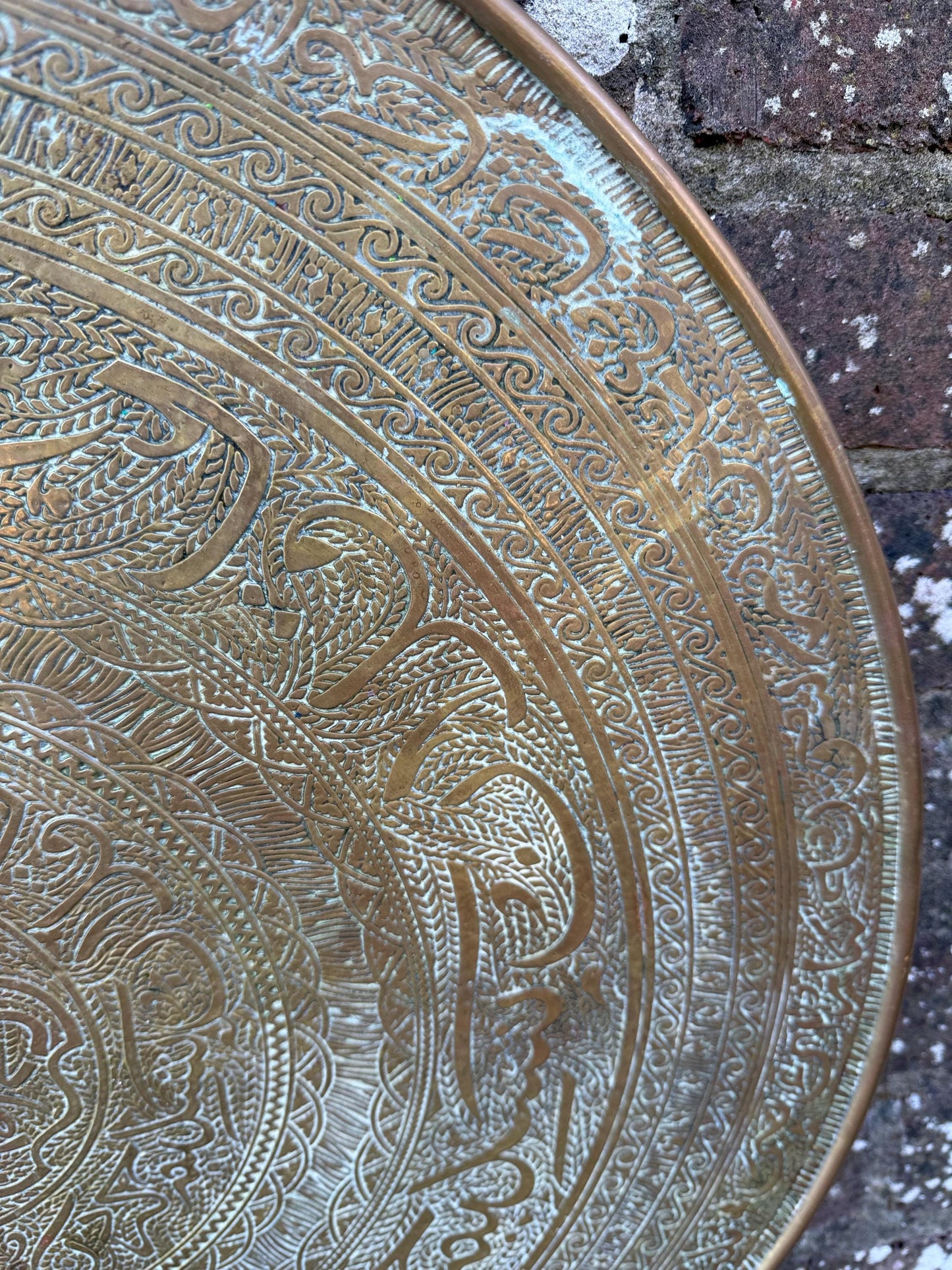 Early mid 1900s Brass Benares Tray Wall Hanging, Hand-Etched Indian Table Tray, Vintage Mid Century Boho Decor, Orientalist Decorative Art