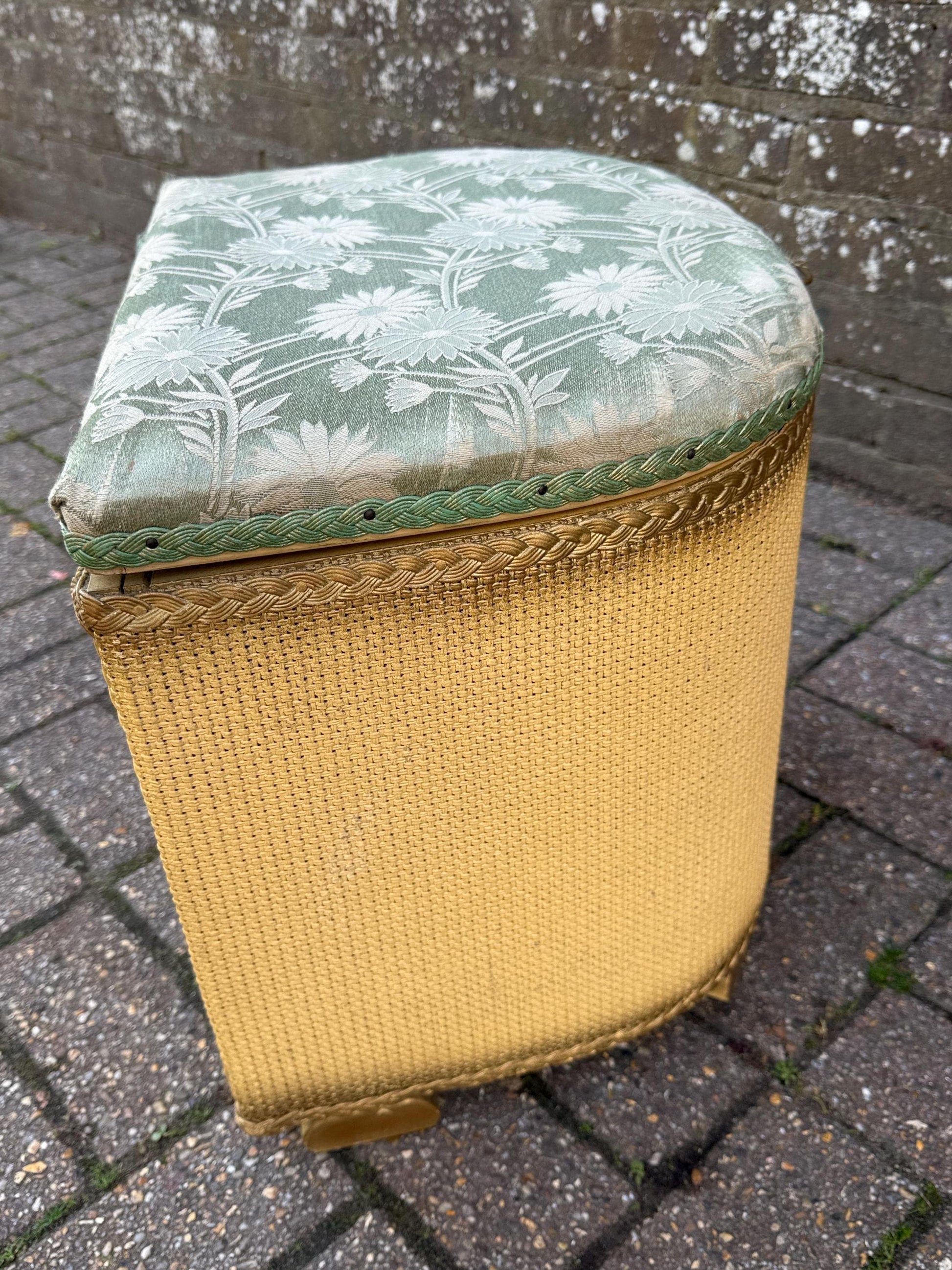 1950s Lloyd Loom Style Laundry Basket – VGC Gold Wicker Storage Chest with Sage Green Floral Lid, Mid Century Bedroom Decor, linen basket