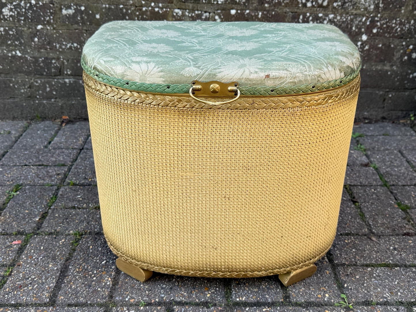 1950s Lloyd Loom Style Laundry Basket – VGC Gold Wicker Storage Chest with Sage Green Floral Lid, Mid Century Bedroom Decor, linen basket