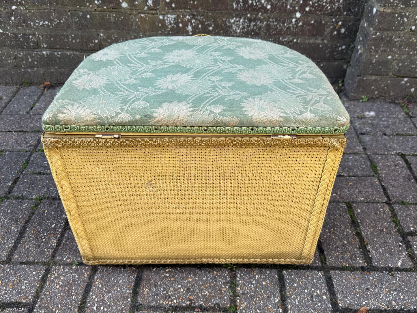 1950s Lloyd Loom Style Laundry Basket – VGC Gold Wicker Storage Chest with Sage Green Floral Lid, Mid Century Bedroom Decor, linen basket