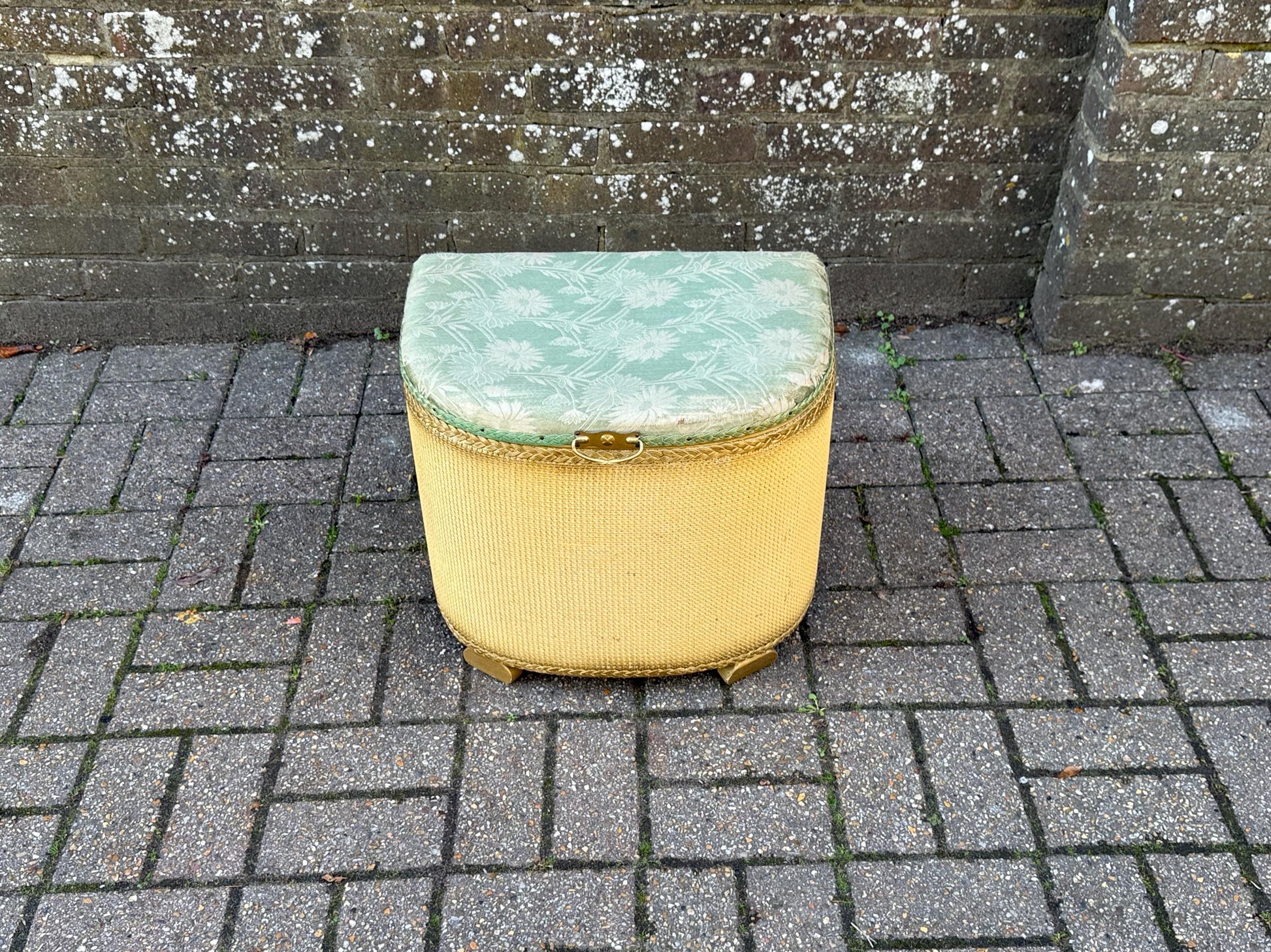 1950s Lloyd Loom Style Laundry Basket – VGC Gold Wicker Storage Chest with Sage Green Floral Lid, Mid Century Bedroom Decor, linen basket