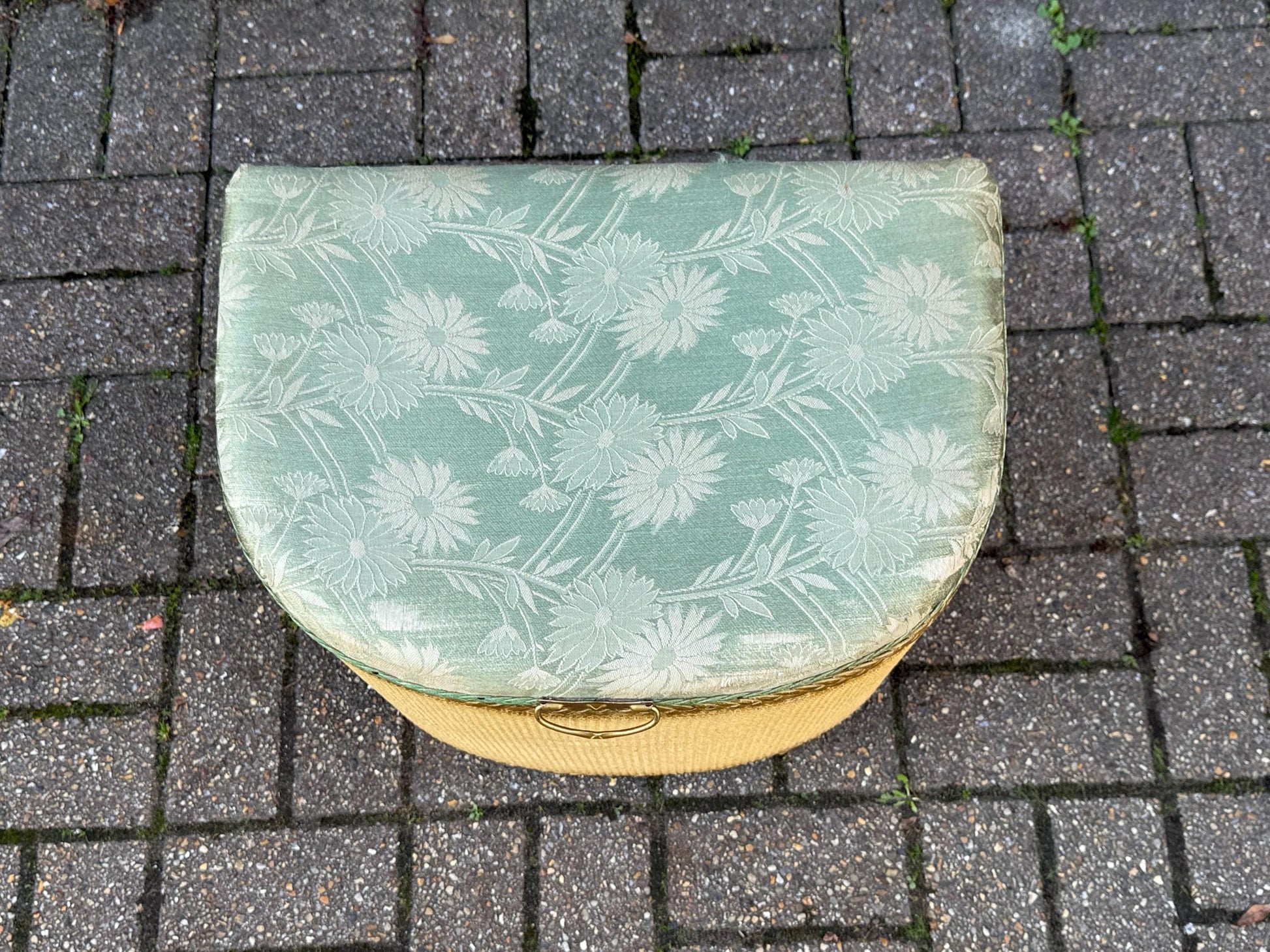 1950s Lloyd Loom Style Laundry Basket – VGC Gold Wicker Storage Chest with Sage Green Floral Lid, Mid Century Bedroom Decor, linen basket