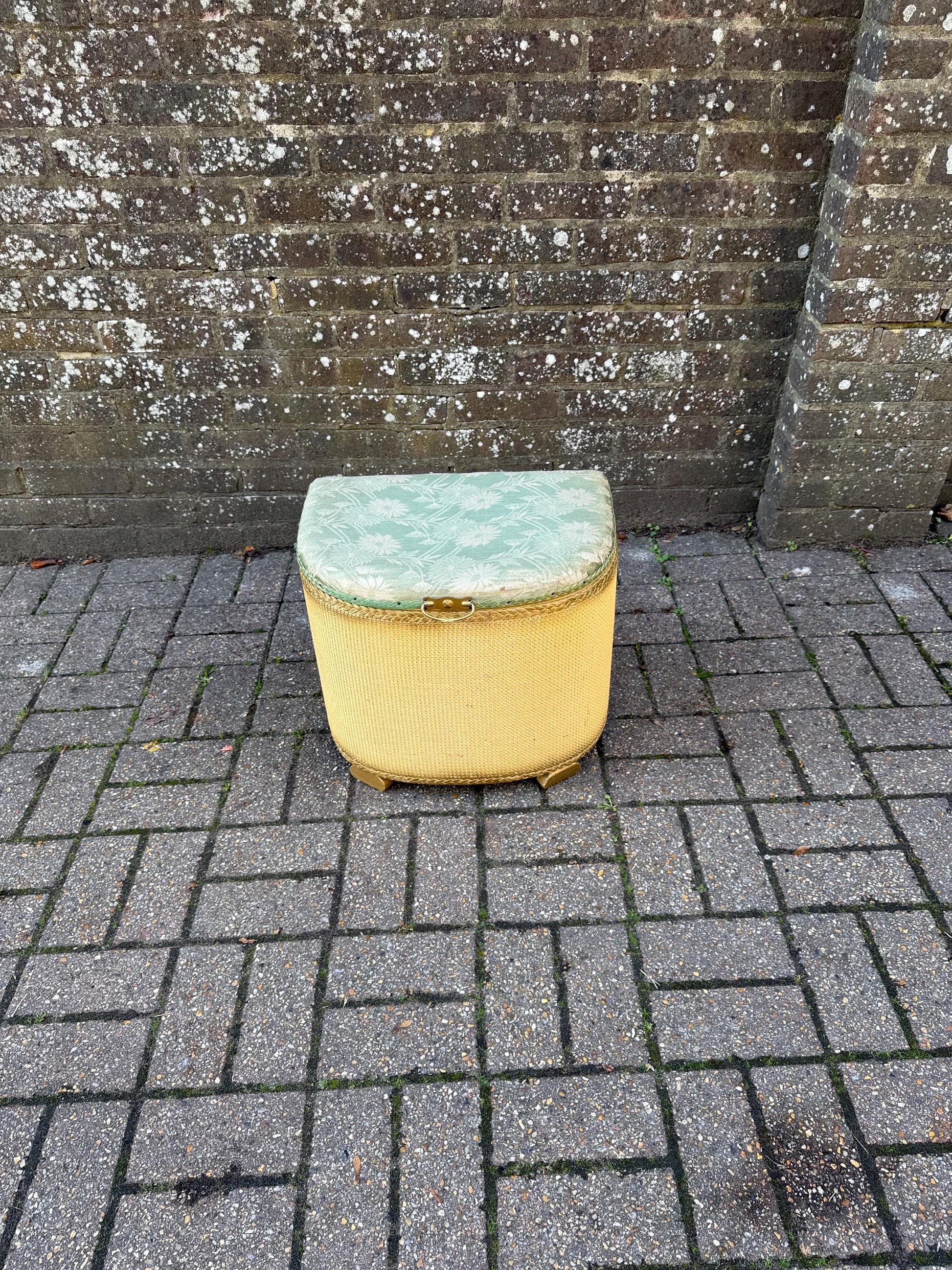 1950s Lloyd Loom Style Laundry Basket – VGC Gold Wicker Storage Chest with Sage Green Floral Lid, Mid Century Bedroom Decor, linen basket