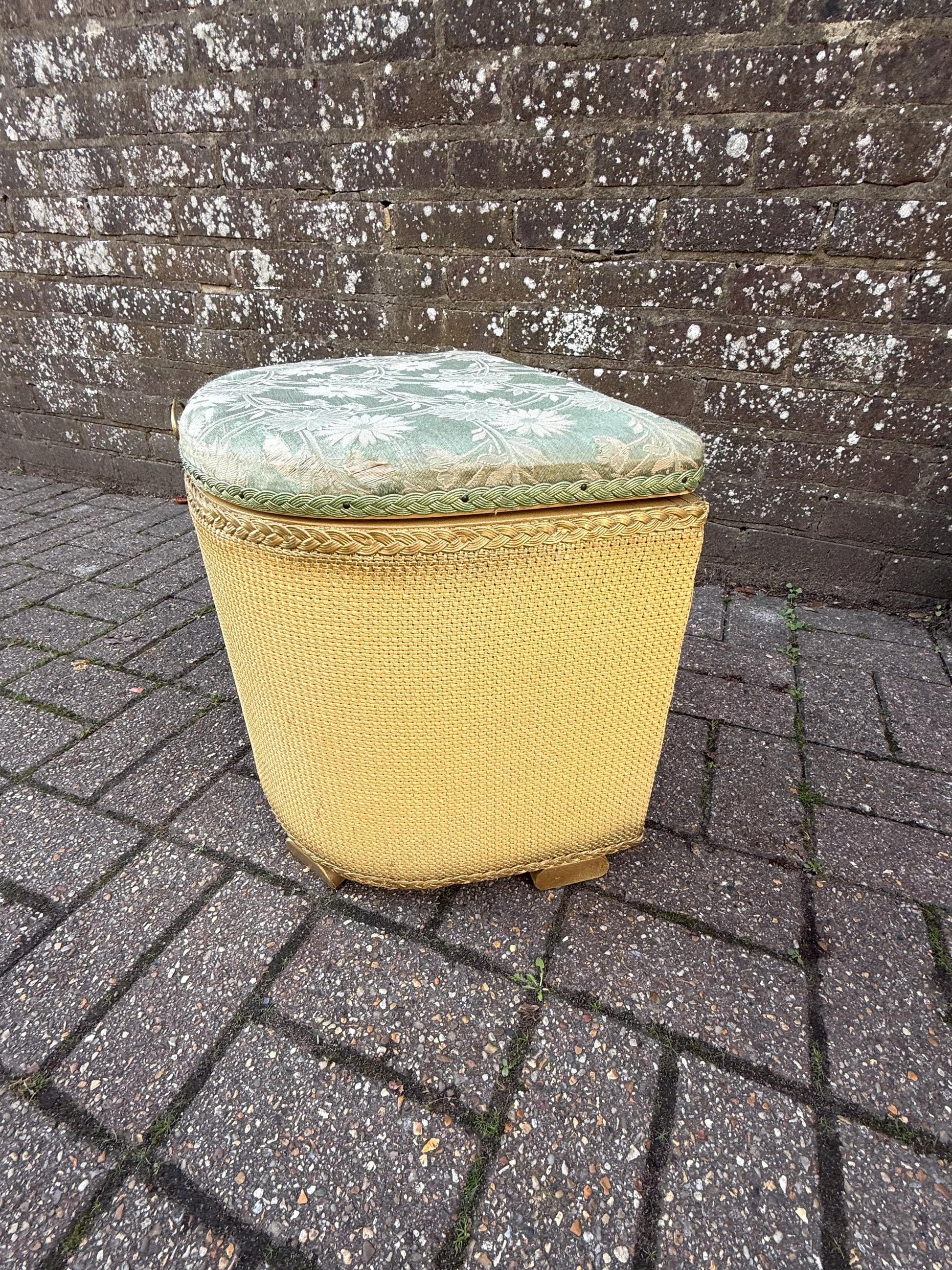 1950s Lloyd Loom Style Laundry Basket – VGC Gold Wicker Storage Chest with Sage Green Floral Lid, Mid Century Bedroom Decor, linen basket
