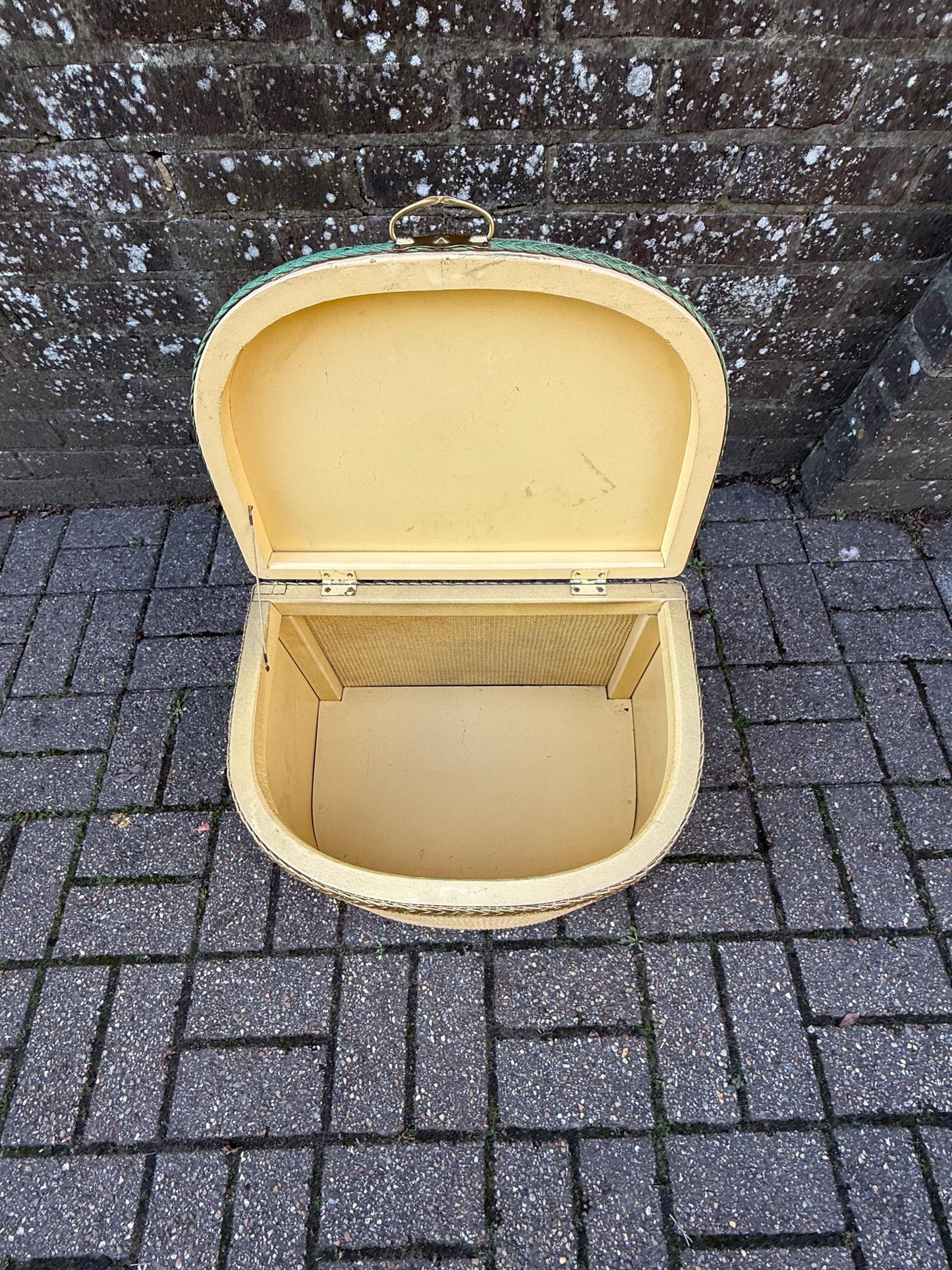 1950s Lloyd Loom Style Laundry Basket – VGC Gold Wicker Storage Chest with Sage Green Floral Lid, Mid Century Bedroom Decor, linen basket