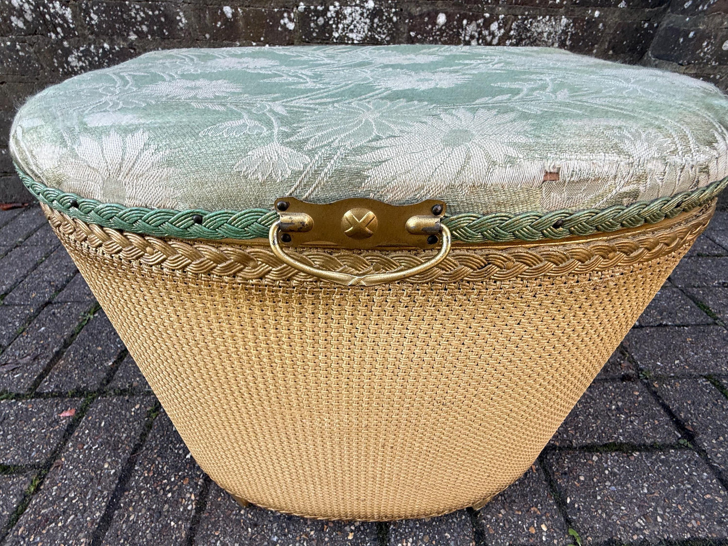 1950s Lloyd Loom Style Laundry Basket – VGC Gold Wicker Storage Chest with Sage Green Floral Lid, Mid Century Bedroom Decor, linen basket