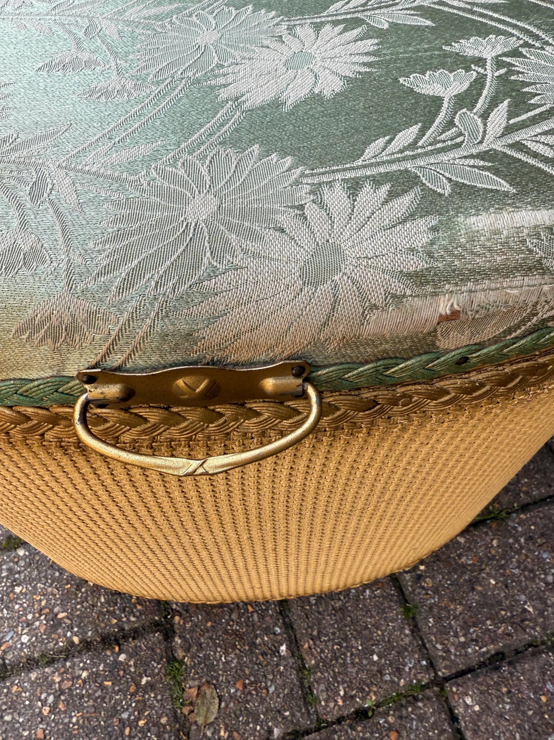 1950s Lloyd Loom Style Laundry Basket – VGC Gold Wicker Storage Chest with Sage Green Floral Lid, Mid Century Bedroom Decor, linen basket