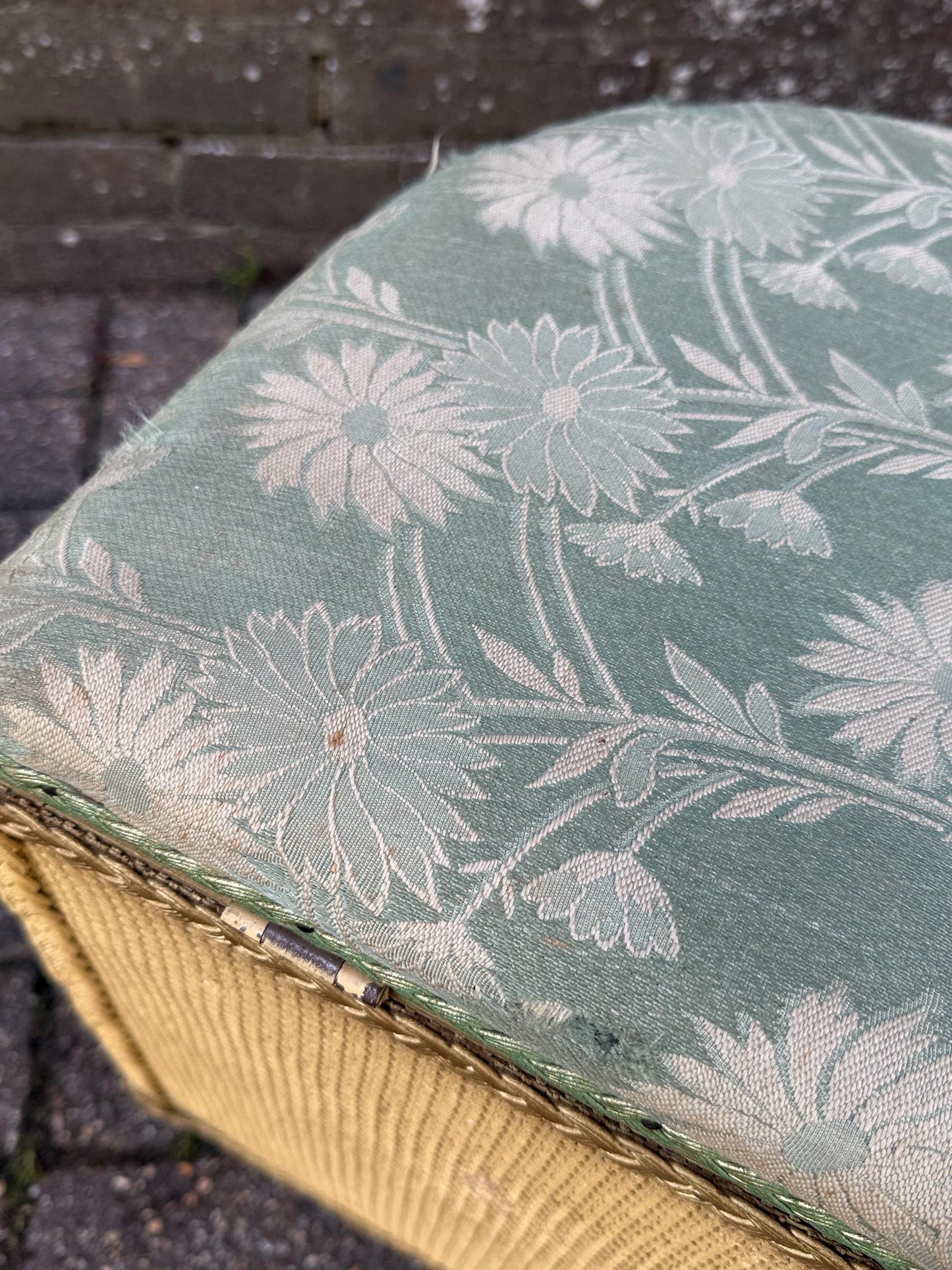 1950s Lloyd Loom Style Laundry Basket – VGC Gold Wicker Storage Chest with Sage Green Floral Lid, Mid Century Bedroom Decor, linen basket