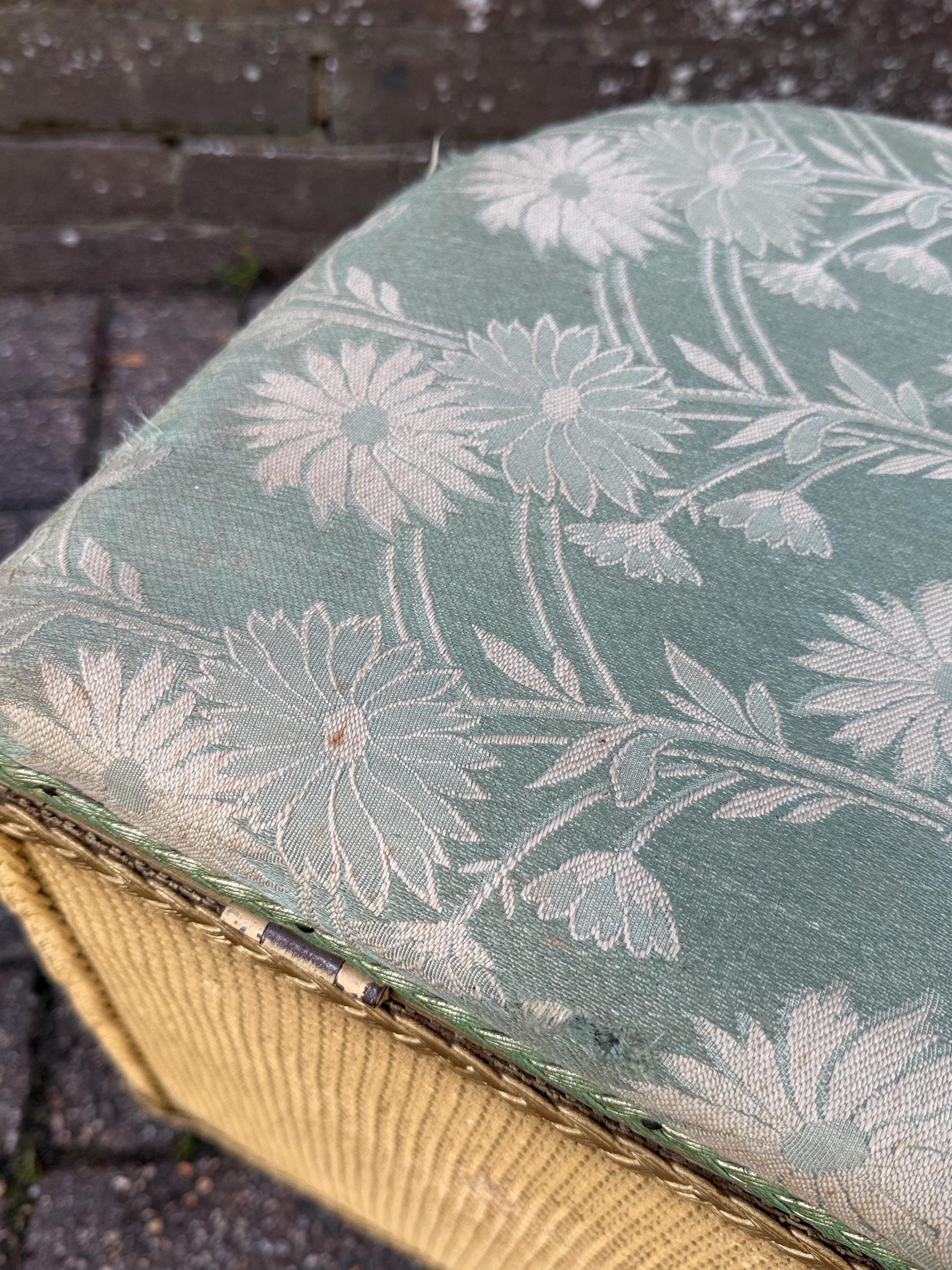 1950s Lloyd Loom Style Laundry Basket – VGC Gold Wicker Storage Chest with Sage Green Floral Lid, Mid Century Bedroom Decor, linen basket