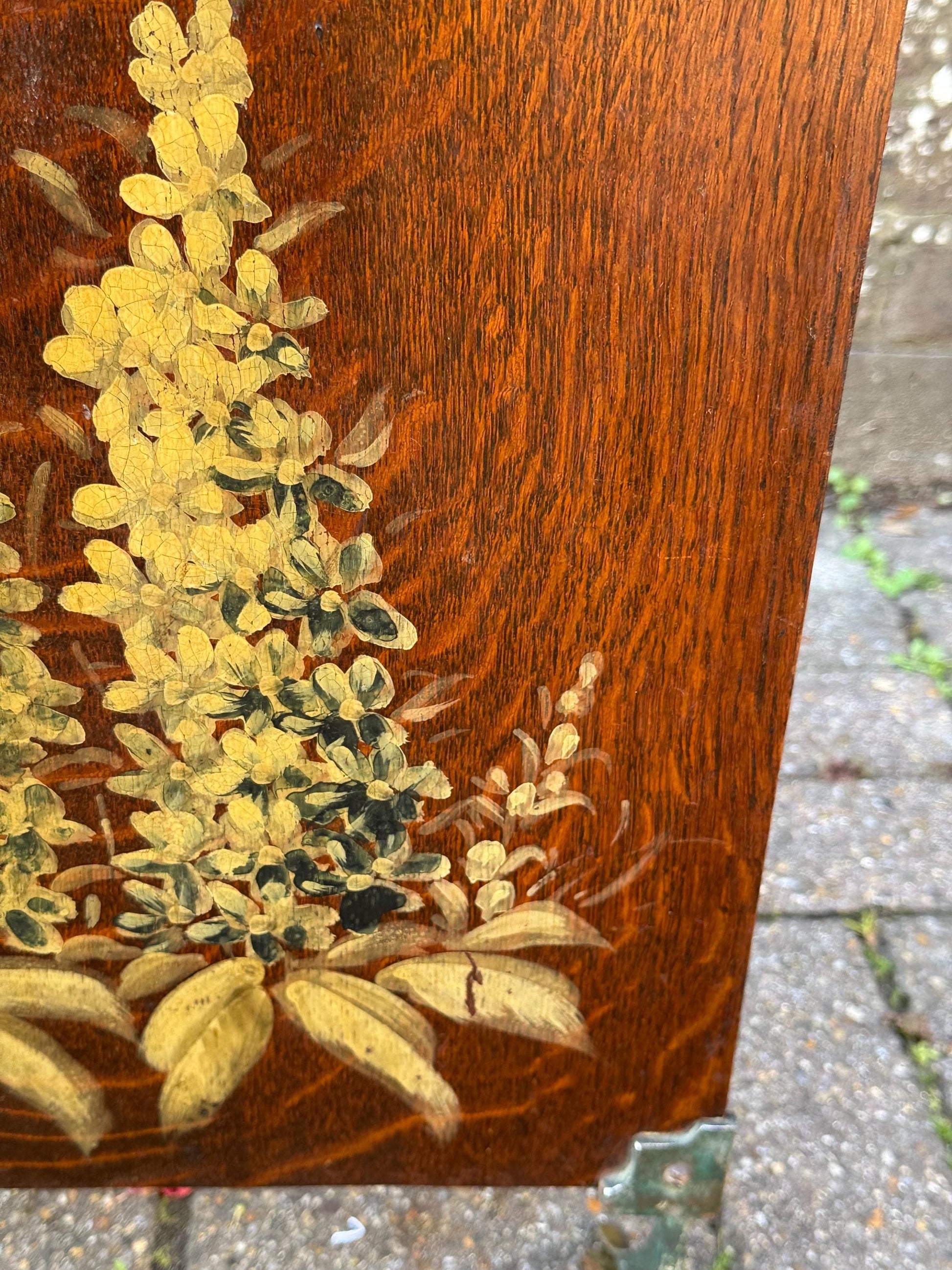 Vintage Oak Fire Screen with Hand-Painted Foxgloves – 1920s/30s English Fireplace Guard, Country Cottage Decor, art deco inspired screen