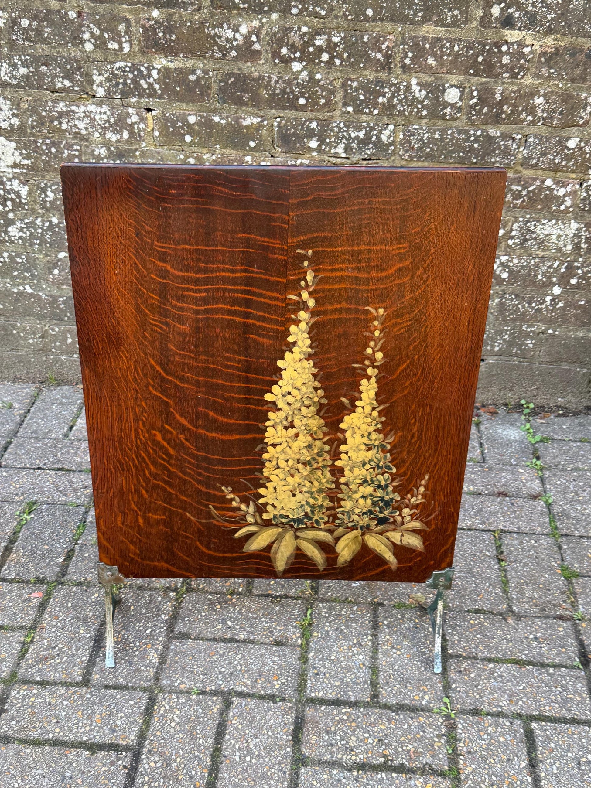 Vintage Oak Fire Screen with Hand-Painted Foxgloves – 1920s/30s English Fireplace Guard, Country Cottage Decor, art deco inspired screen