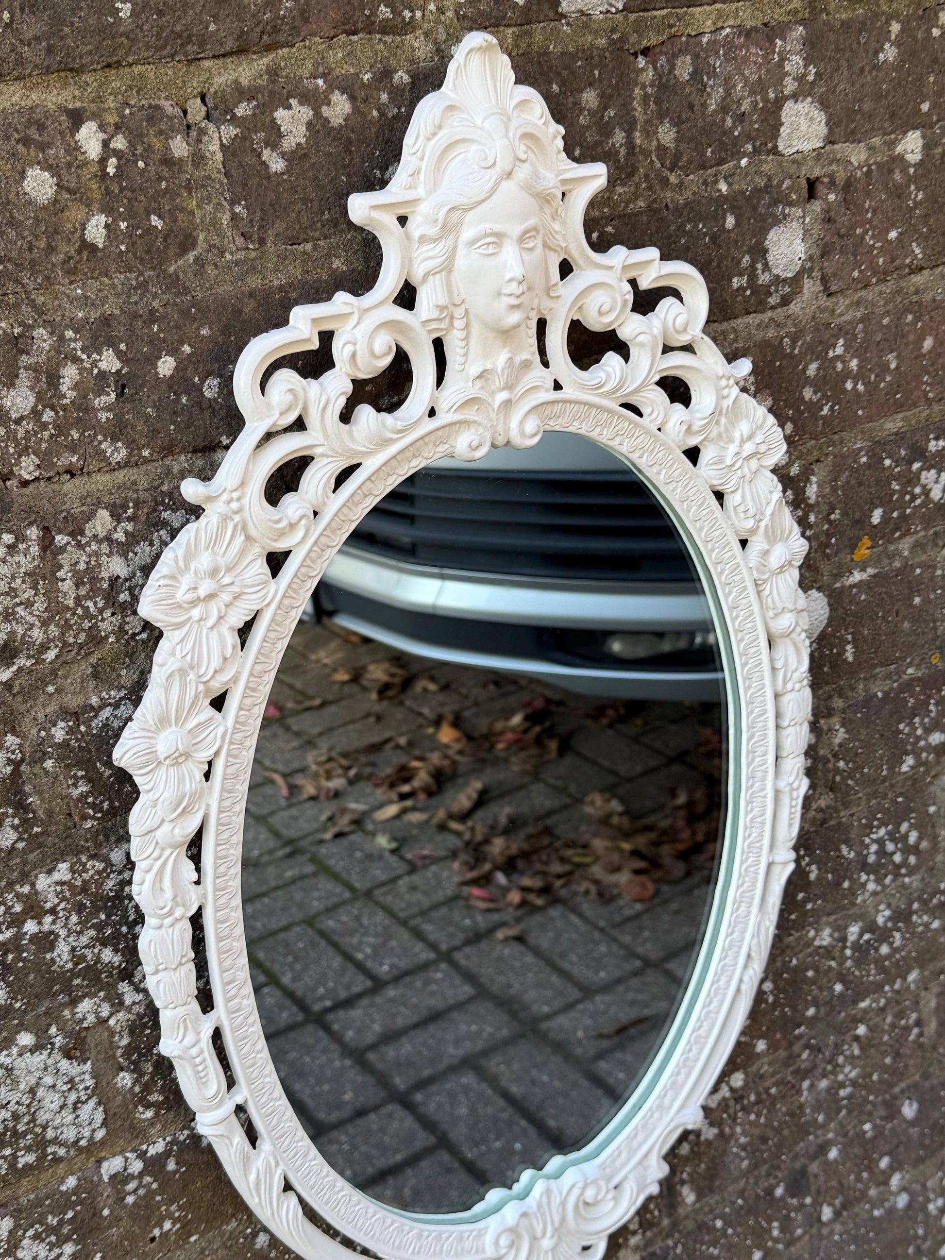 Vintage Cast Metal Rococo Mirror – White Ornate Wall Mirror with Lady Face Detail, Hollywood Regency Baroque Revival Decor, retro mirror