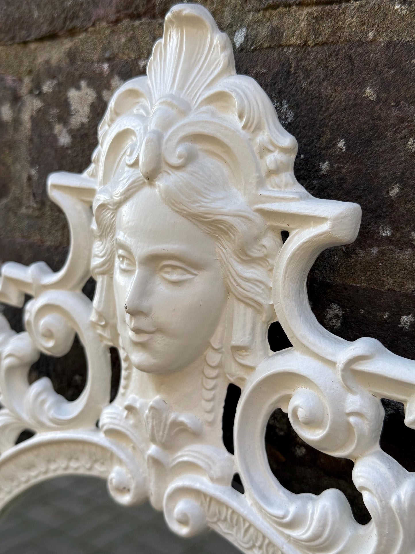 Vintage Cast Metal Rococo Mirror – White Ornate Wall Mirror with Lady Face Detail, Hollywood Regency Baroque Revival Decor, retro mirror