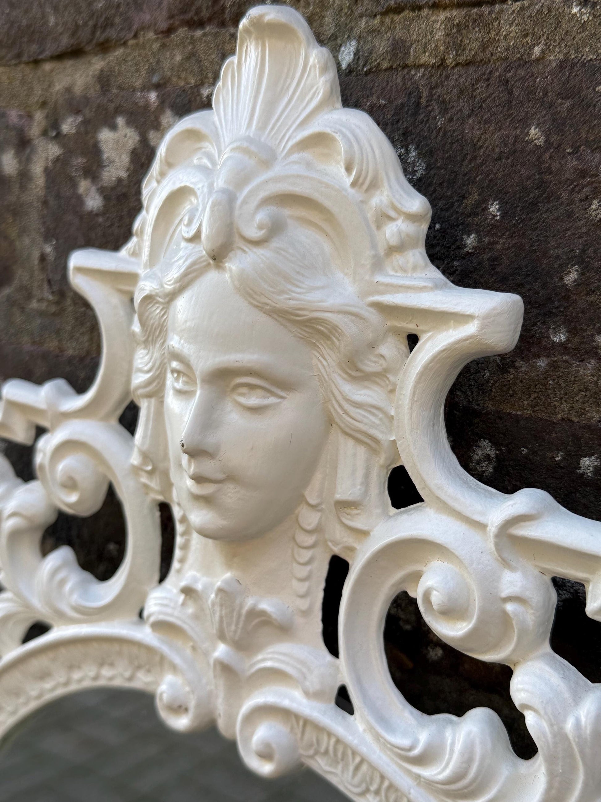 Vintage Cast Metal Rococo Mirror – White Ornate Wall Mirror with Lady Face Detail, Hollywood Regency Baroque Revival Decor, retro mirror