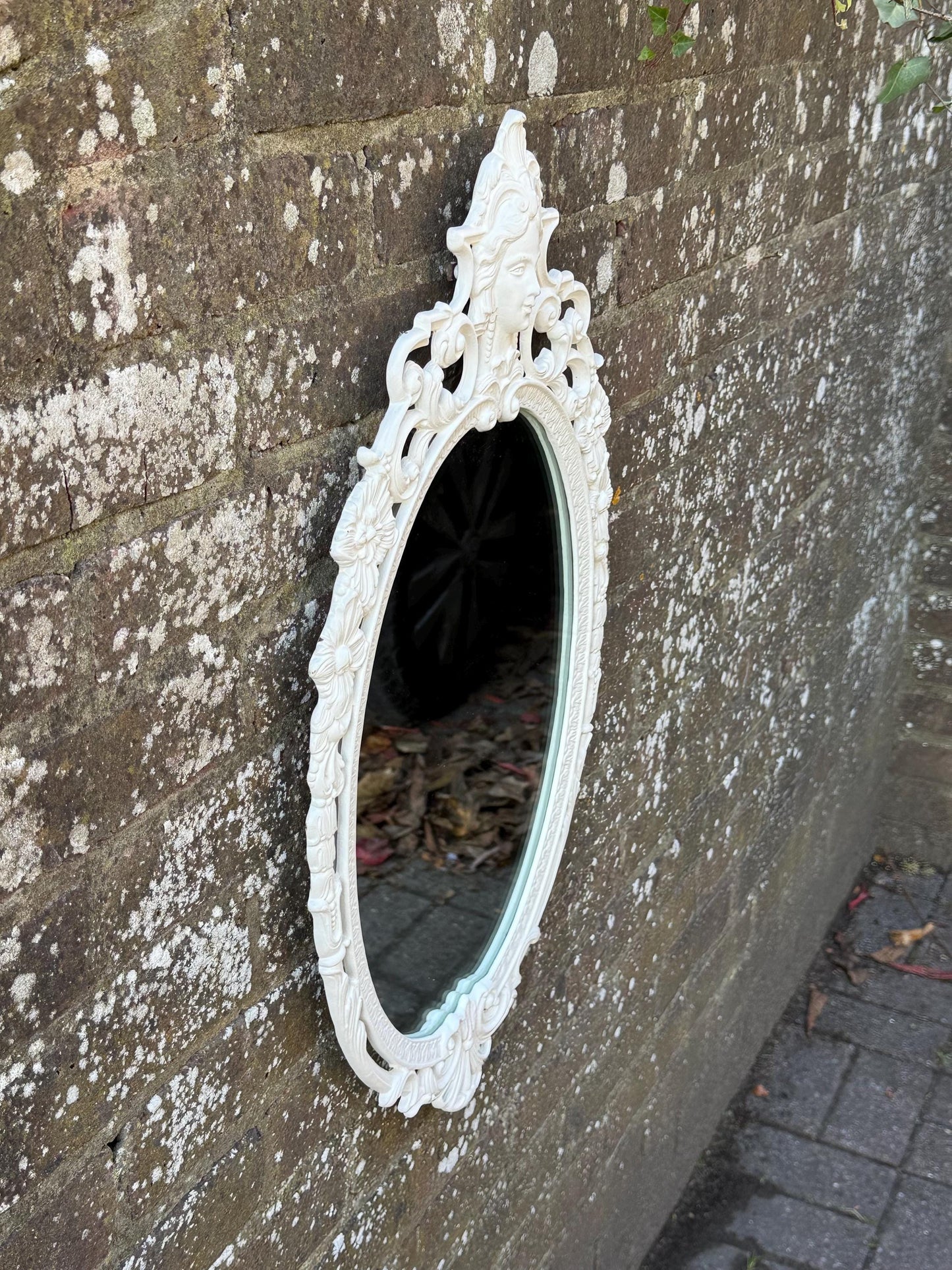 Vintage Cast Metal Rococo Mirror – White Ornate Wall Mirror with Lady Face Detail, Hollywood Regency Baroque Revival Decor, retro mirror