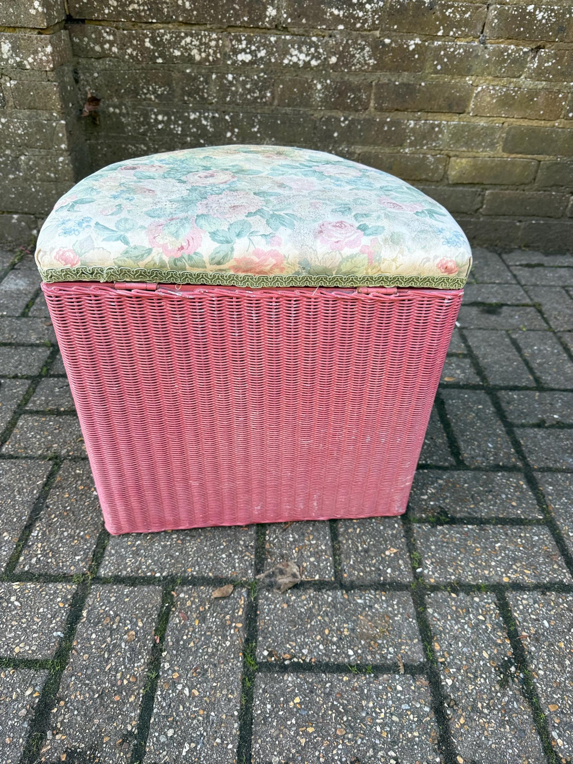Vintage 1950s Lloyd Loom Laundry Basket – Pink Wicker Storage Chest with Floral Seat, English Mid Century Bedroom Furniture, a project