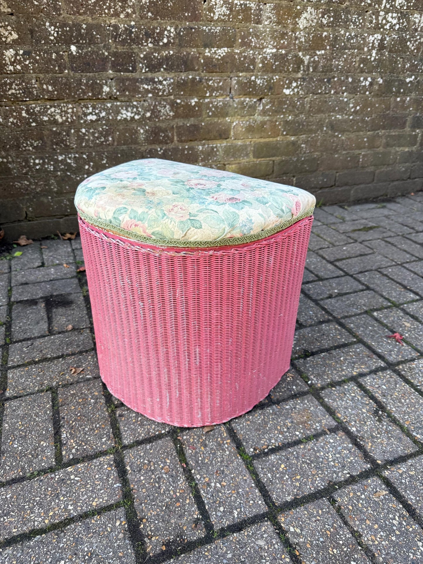 Vintage 1950s Lloyd Loom Laundry Basket – Pink Wicker Storage Chest with Floral Seat, English Mid Century Bedroom Furniture, a project