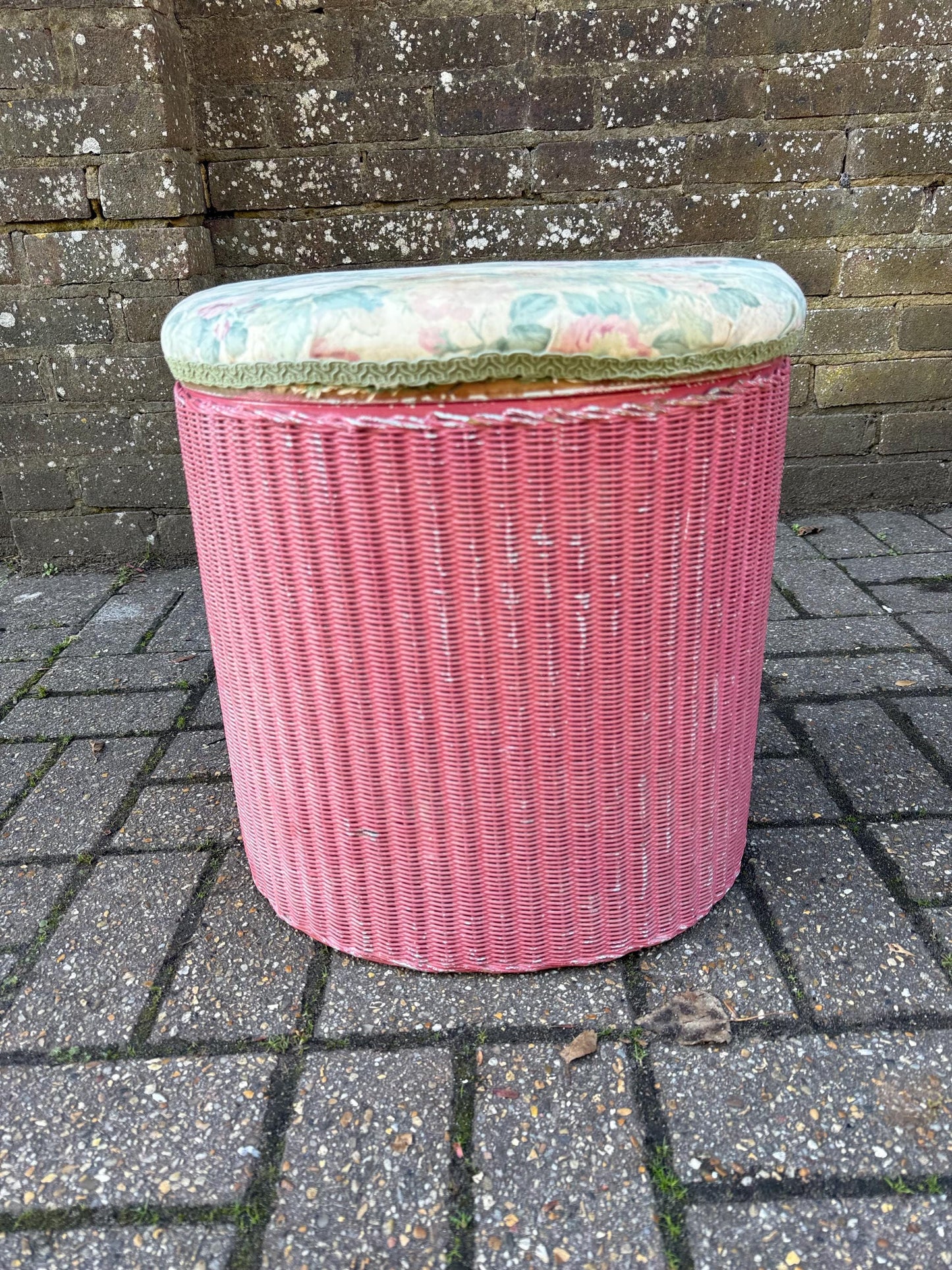 Vintage 1950s Lloyd Loom Laundry Basket – Pink Wicker Storage Chest with Floral Seat, English Mid Century Bedroom Furniture, a project