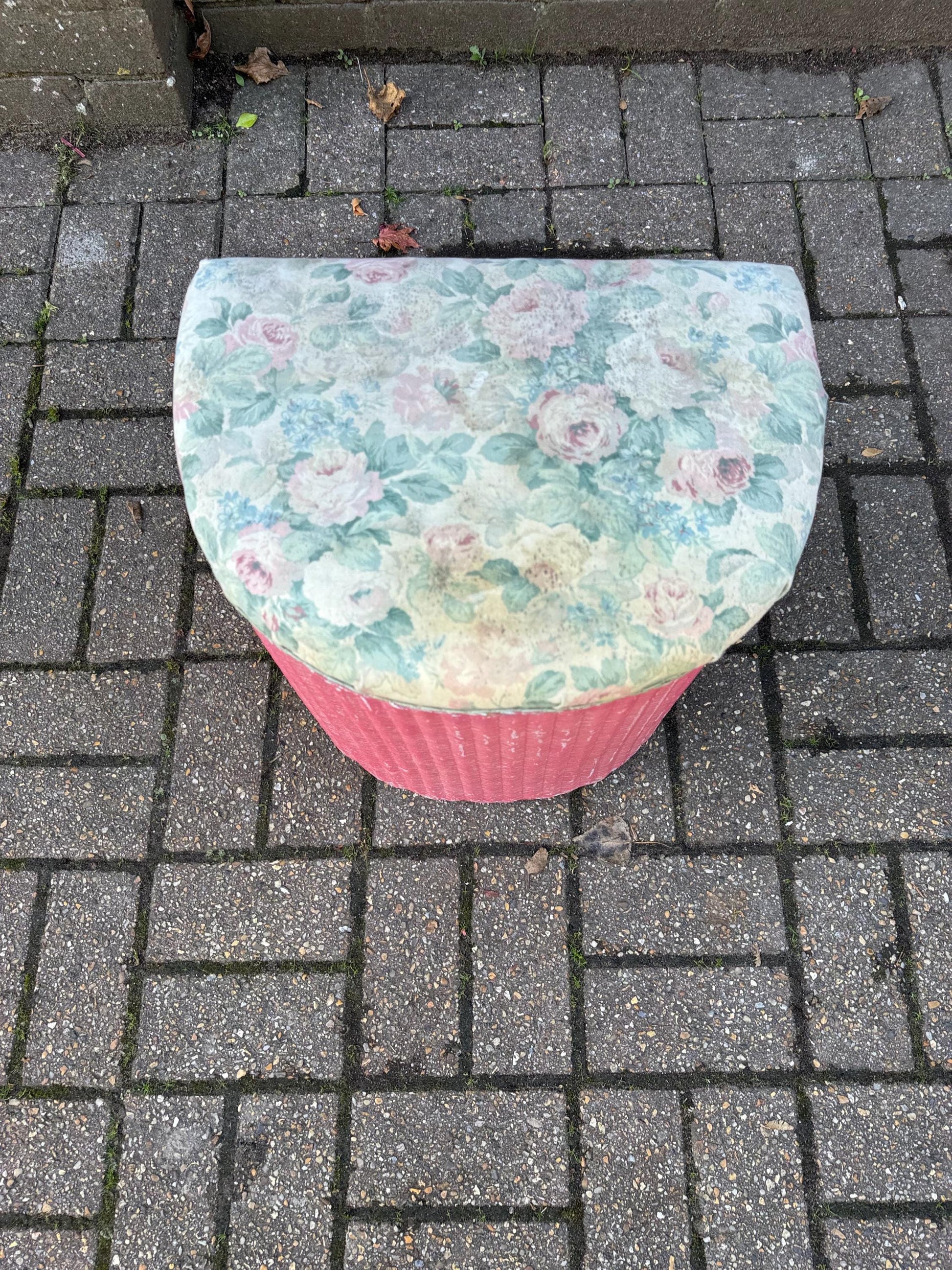 Vintage 1950s Lloyd Loom Laundry Basket – Pink Wicker Storage Chest with Floral Seat, English Mid Century Bedroom Furniture, a project