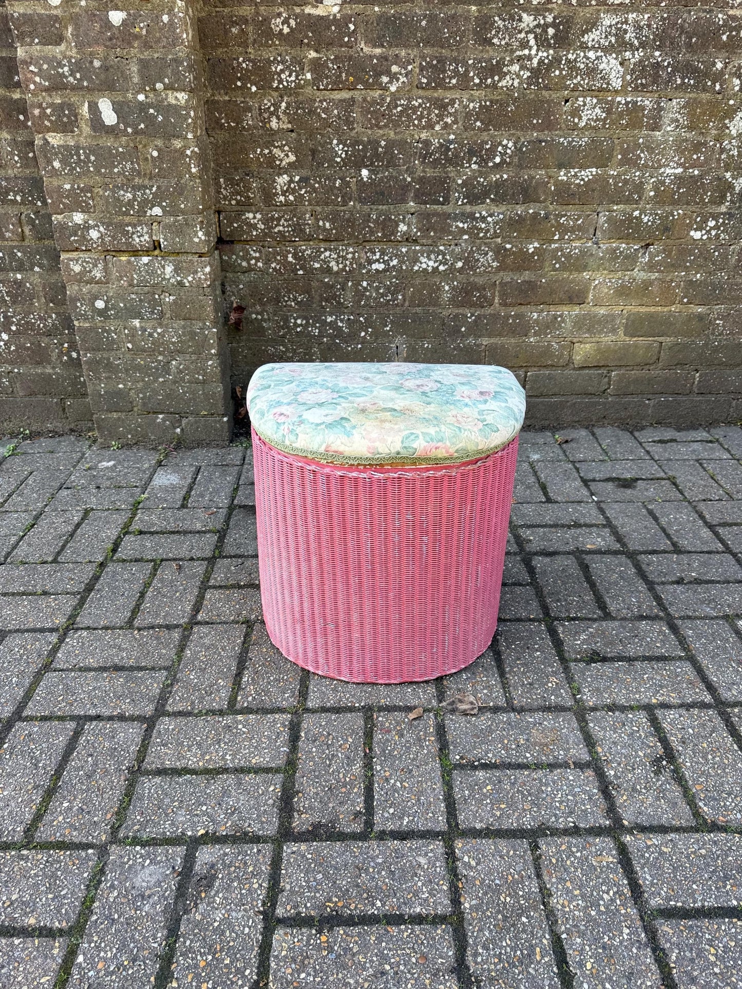 Vintage 1950s Lloyd Loom Laundry Basket – Pink Wicker Storage Chest with Floral Seat, English Mid Century Bedroom Furniture, a project