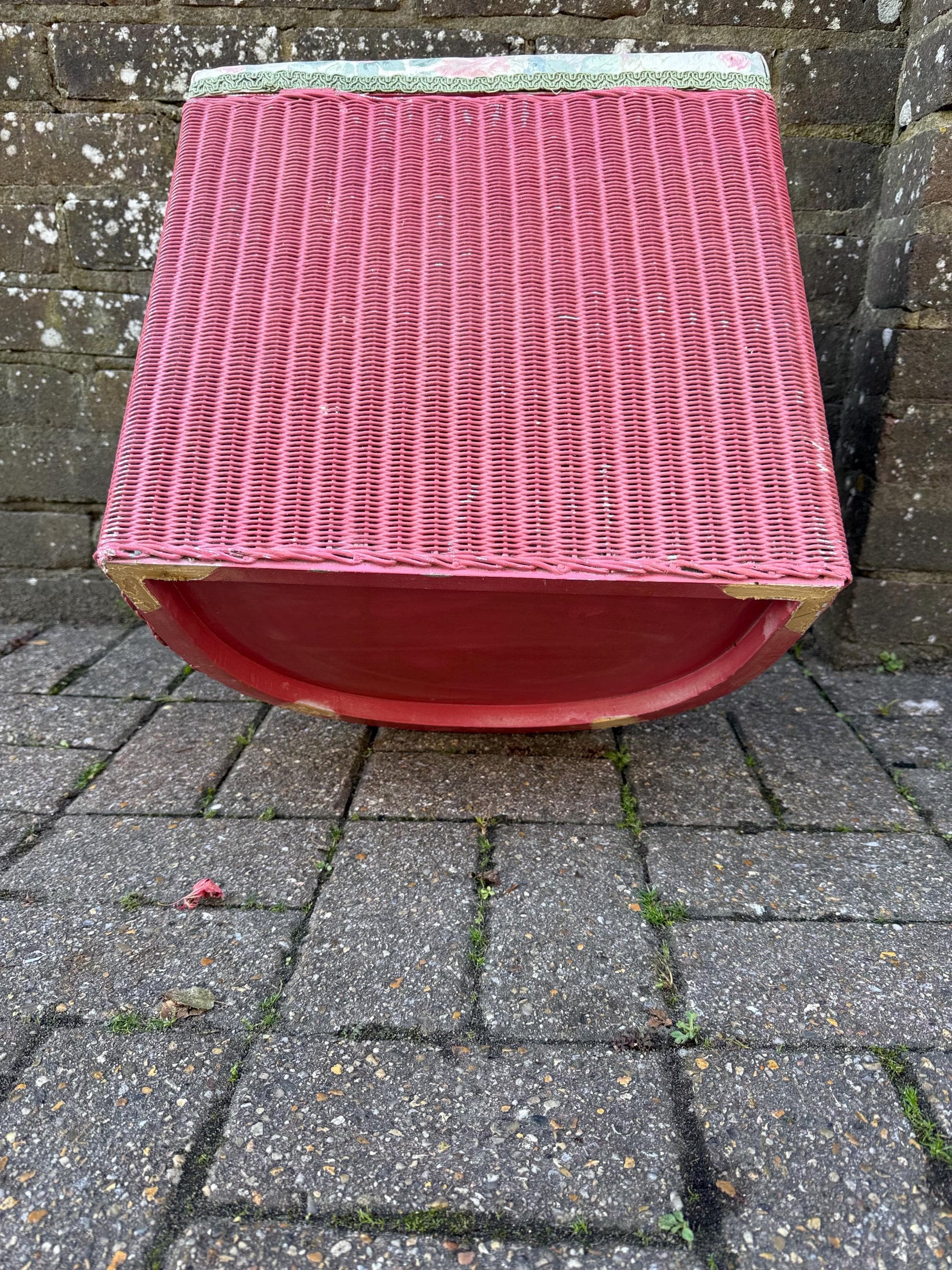 Vintage 1950s Lloyd Loom Laundry Basket – Pink Wicker Storage Chest with Floral Seat, English Mid Century Bedroom Furniture, a project