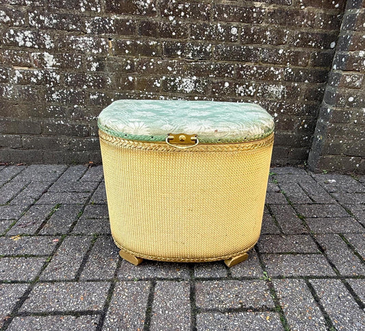 gold wicker basket or box, with upholstered green seat. VGC 1950s laundry basket. lloyd loom style