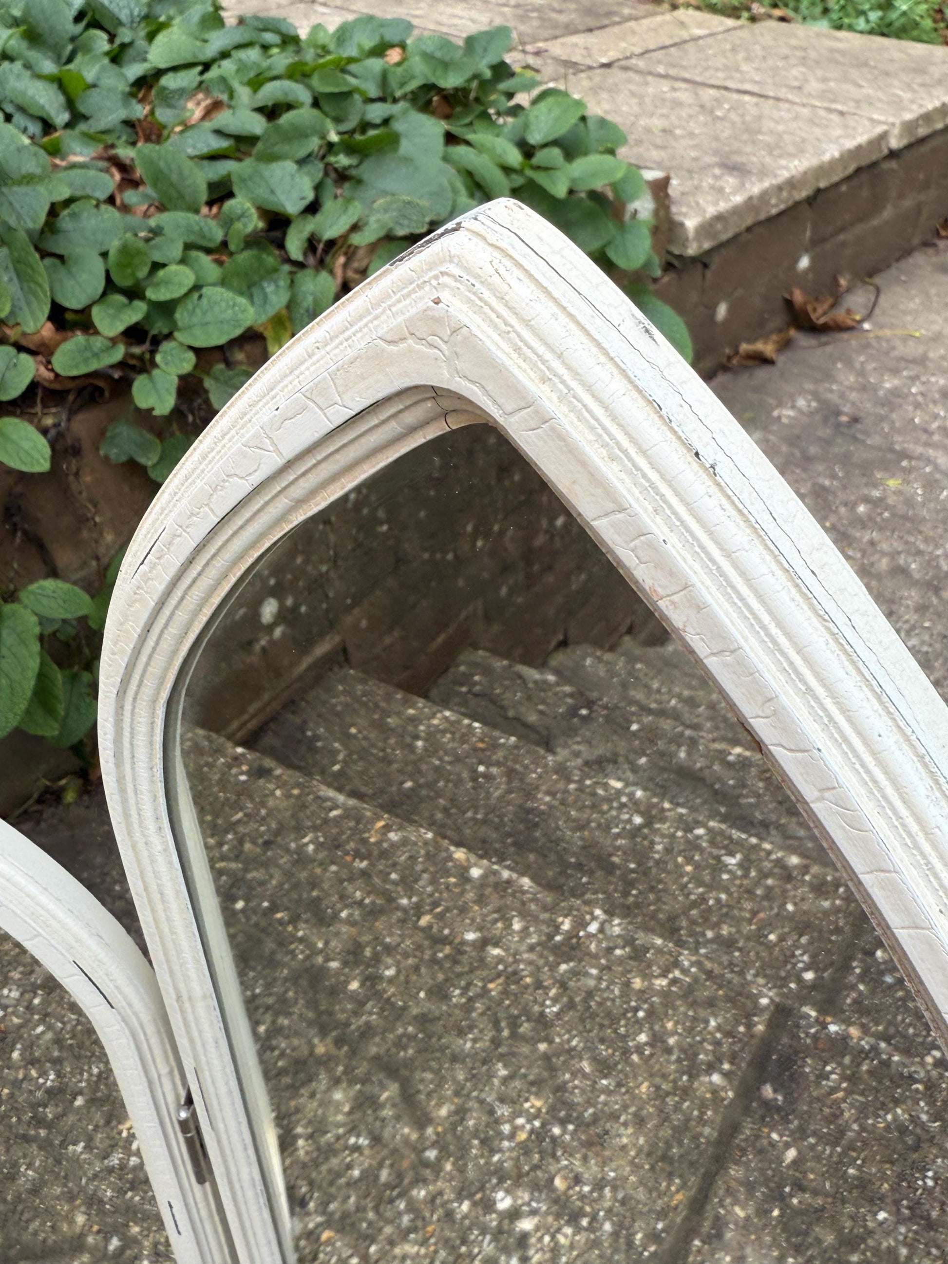 Vintage Gothic Revival Triple Arched Mirror – 1980s White Painted Folding Cathedral Arch Wall Mirror, Shabby Chic Architectural Decor