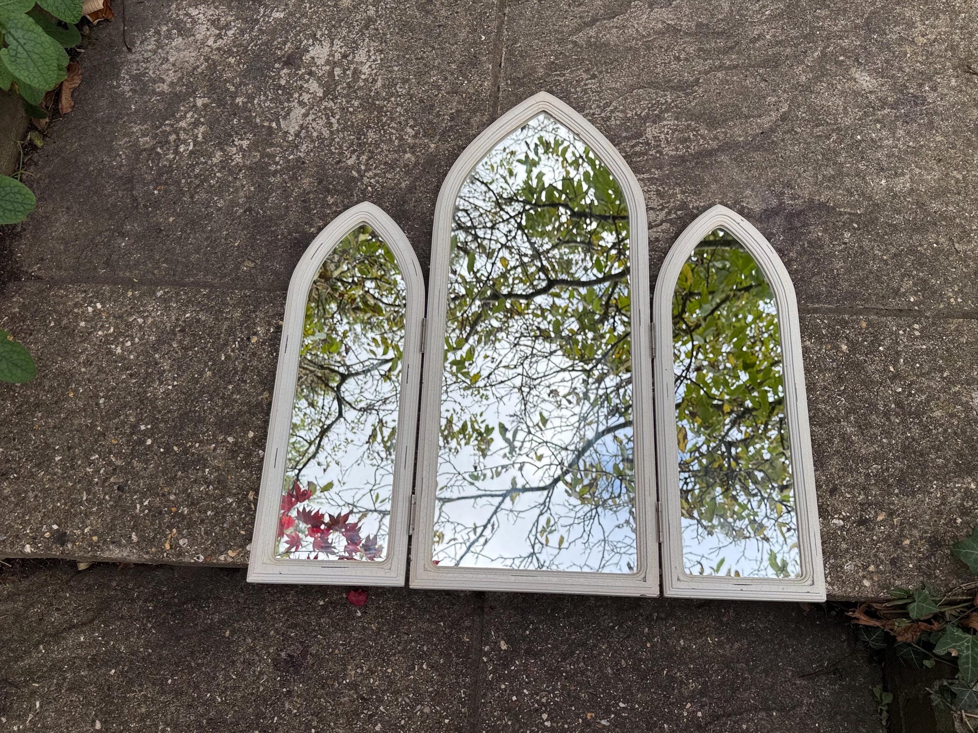 Vintage Gothic Revival Triple Arched Mirror – 1980s White Painted Folding Cathedral Arch Wall Mirror, Shabby Chic Architectural Decor