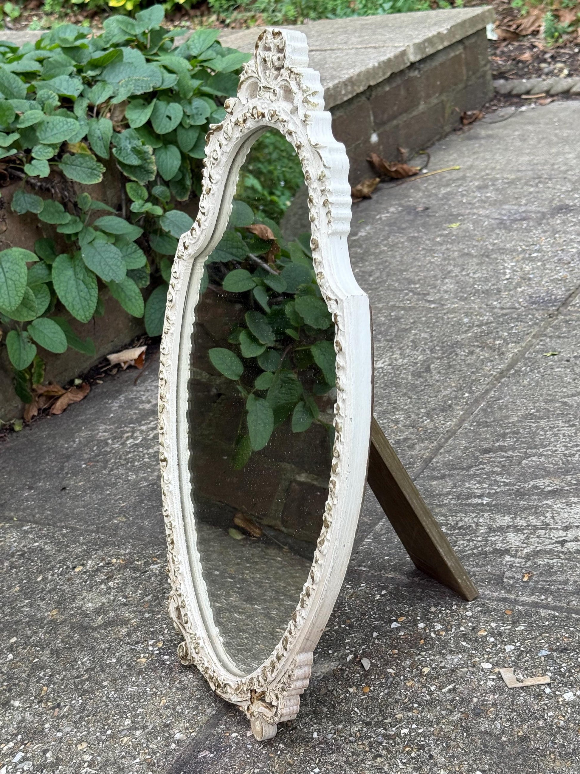 Vintage Ornate Rococo Style Dressing Table Mirror – 1960s Cream Painted Oval Vanity Mirror, ornate decorative Floral Detail, Baroque Decor