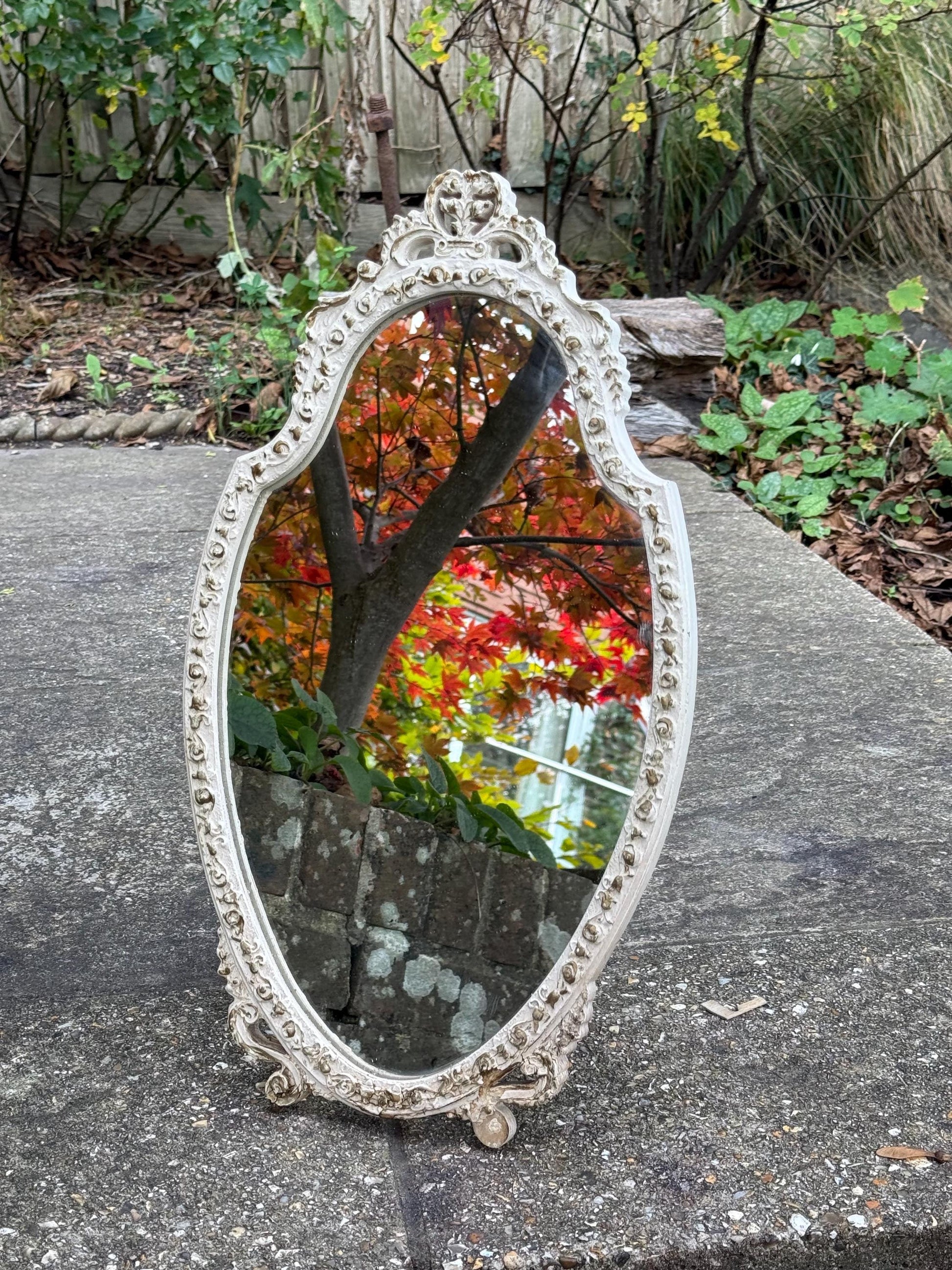 Vintage Ornate Rococo Style Dressing Table Mirror – 1960s Cream Painted Oval Vanity Mirror, ornate decorative Floral Detail, Baroque Decor