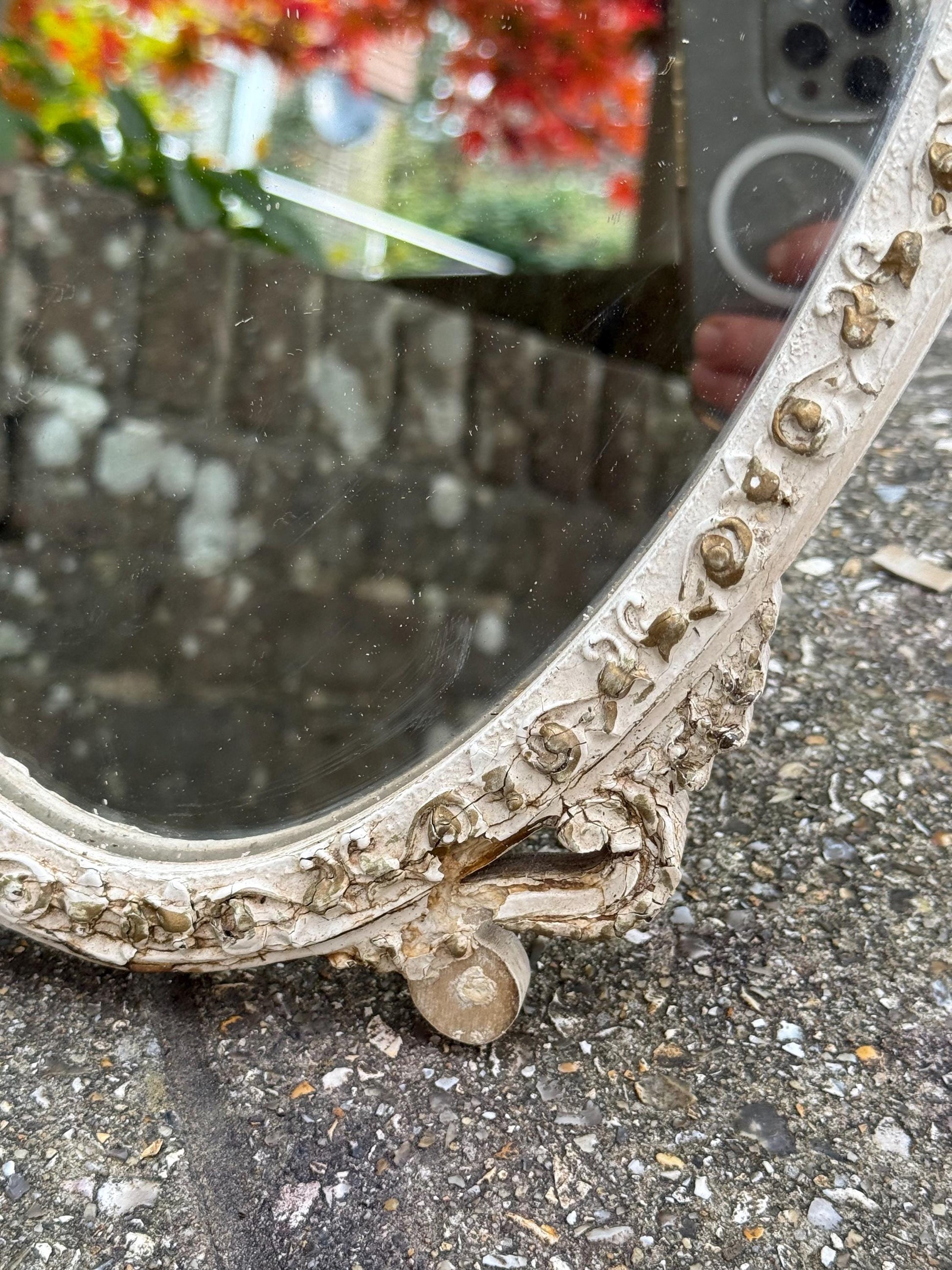 Vintage Ornate Rococo Style Dressing Table Mirror – 1960s Cream Painted Oval Vanity Mirror, ornate decorative Floral Detail, Baroque Decor