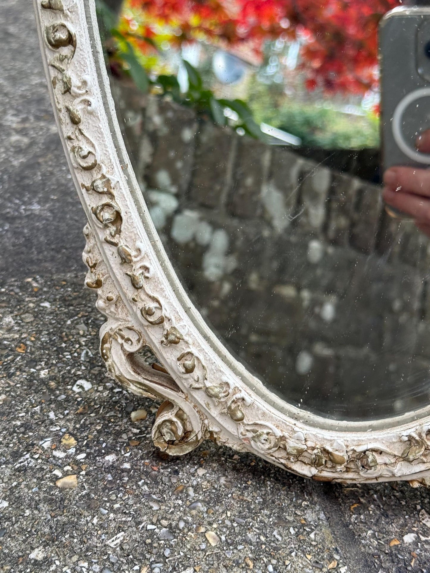 Vintage Ornate Rococo Style Dressing Table Mirror – 1960s Cream Painted Oval Vanity Mirror, ornate decorative Floral Detail, Baroque Decor