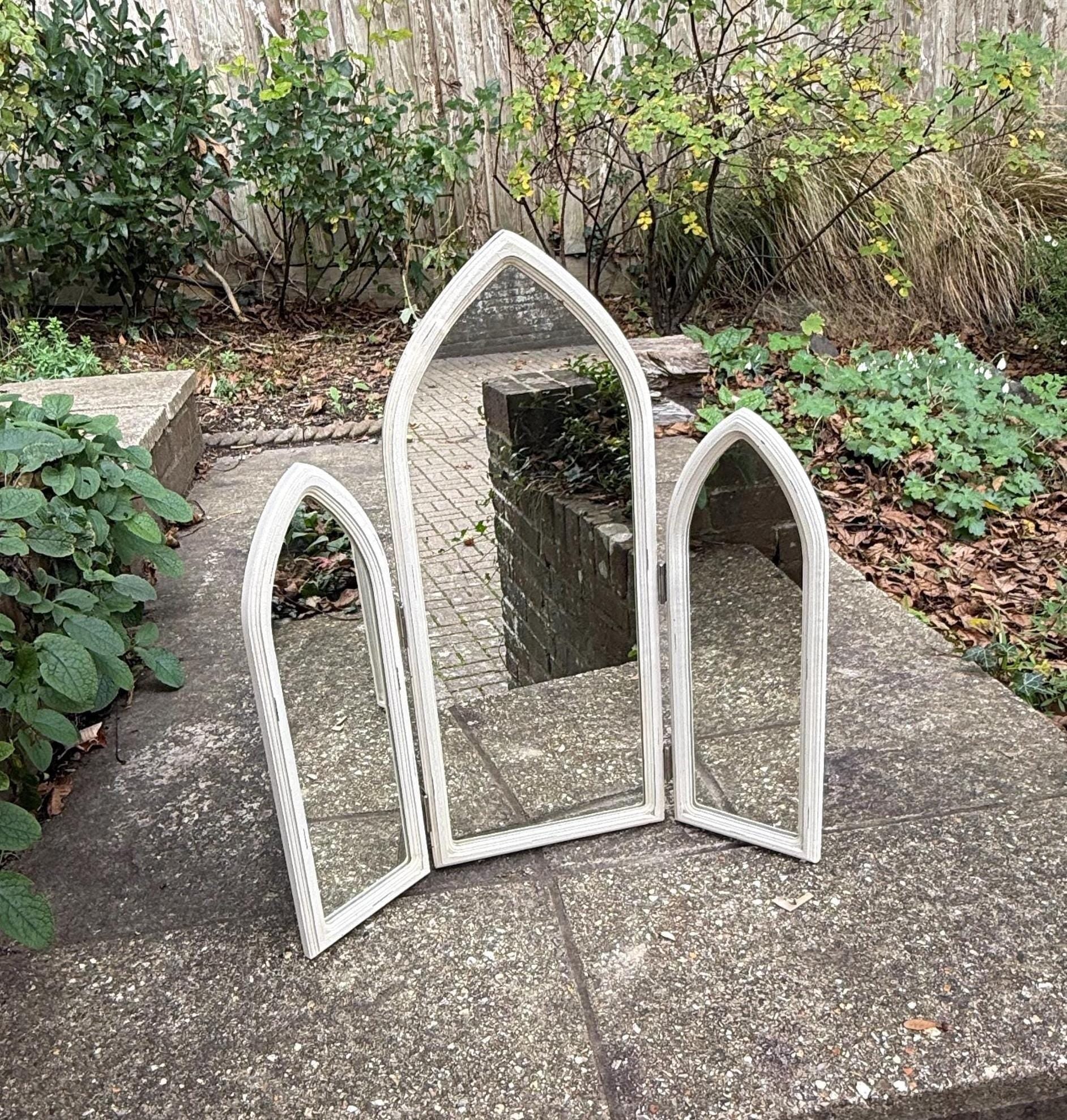 1980s late retro mirror with triple mirrors. retro dressing table mirror in white and with arch shaped frame.