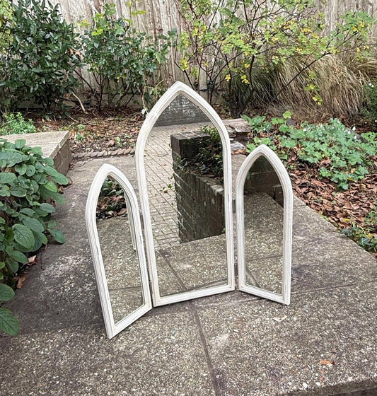 1980s late retro mirror with triple mirrors. retro dressing table mirror in white and with arch shaped frame.