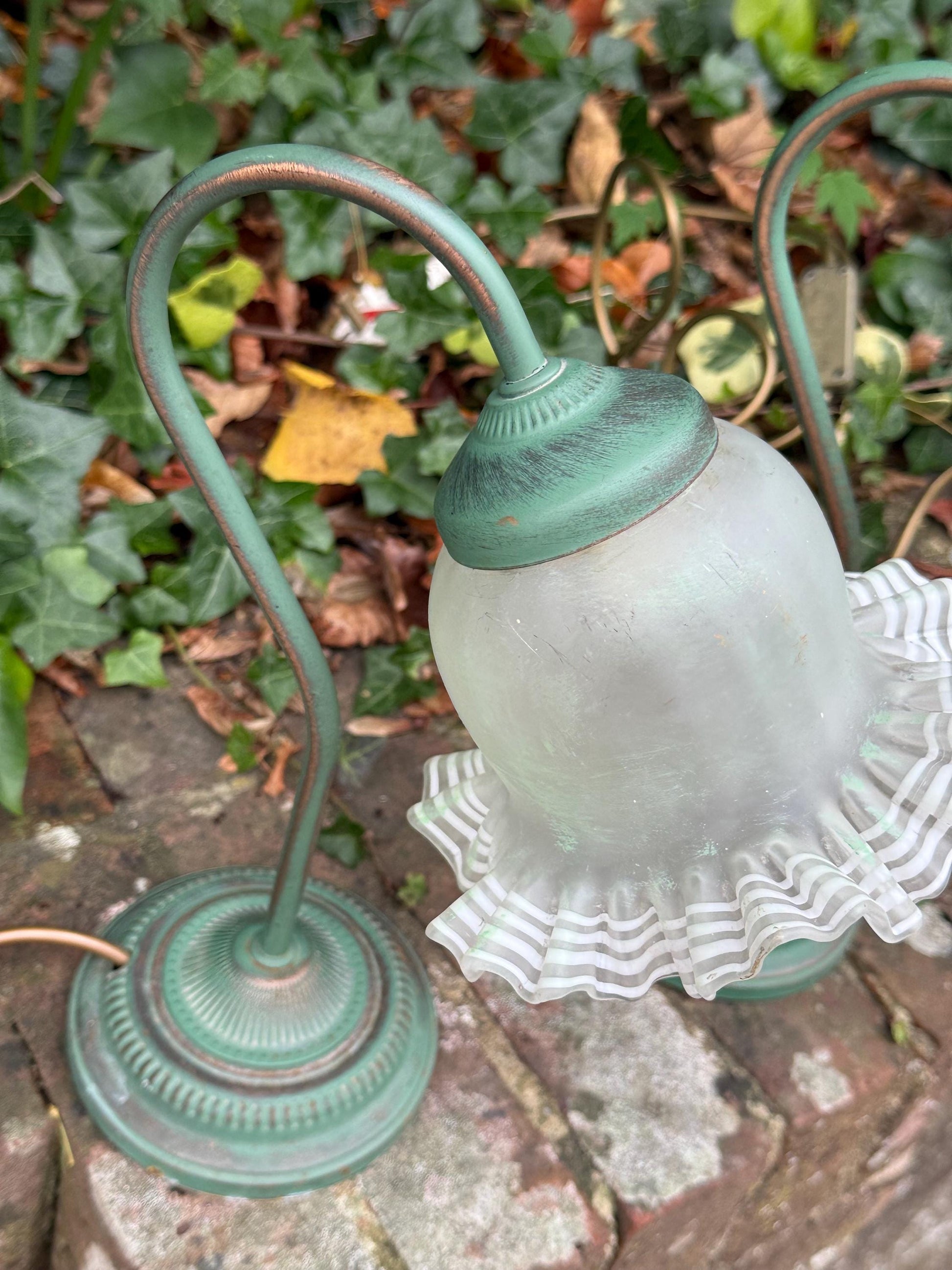 1980s Art Deco Revival Bedside Lights, Pair of Vintage BHS Ruffled Glass Table Lamps – Green Metal Base, Romantic Cottage Country Lighting