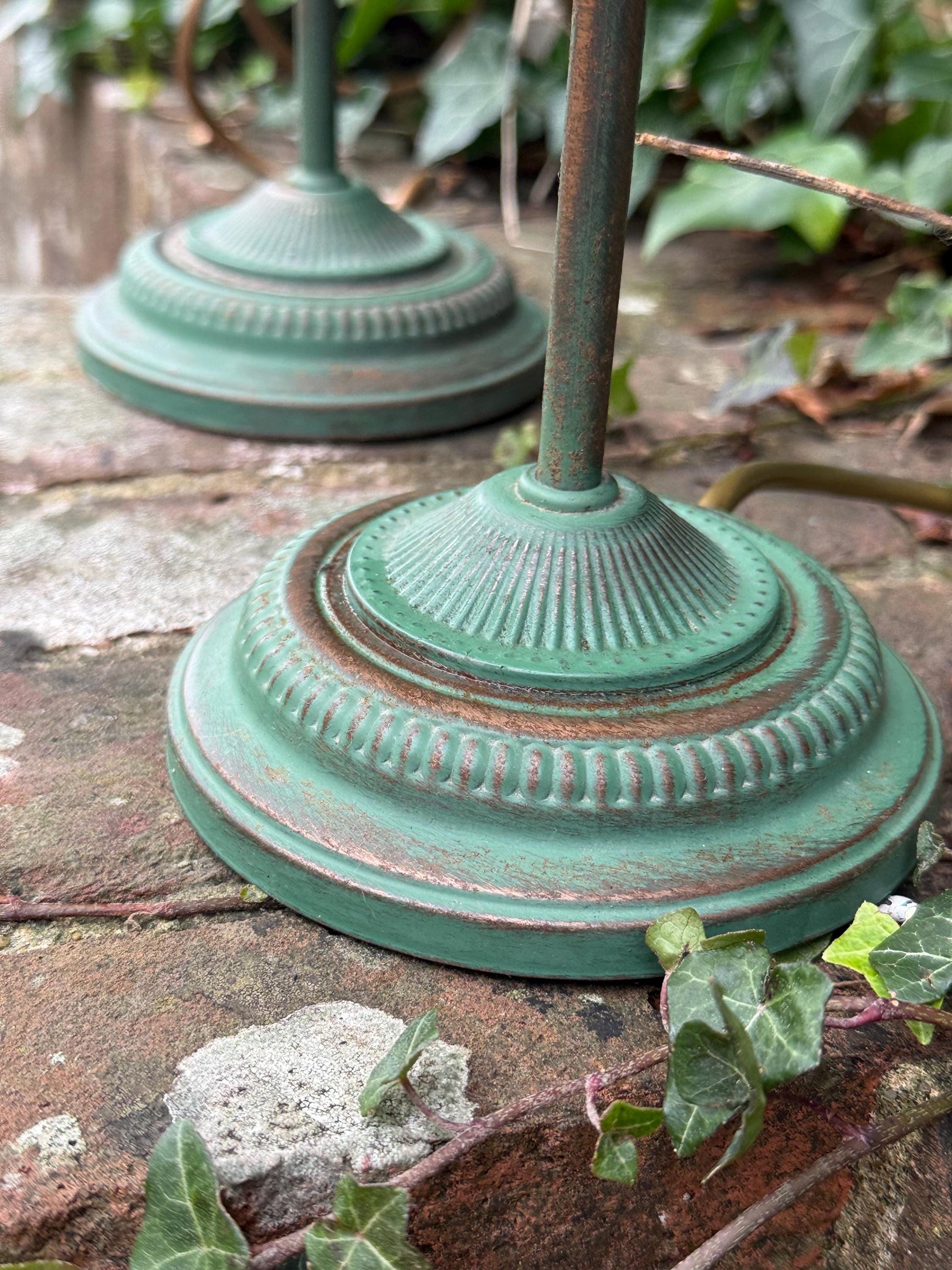 1980s Art Deco Revival Bedside Lights, Pair of Vintage BHS Ruffled Glass Table Lamps – Green Metal Base, Romantic Cottage Country Lighting
