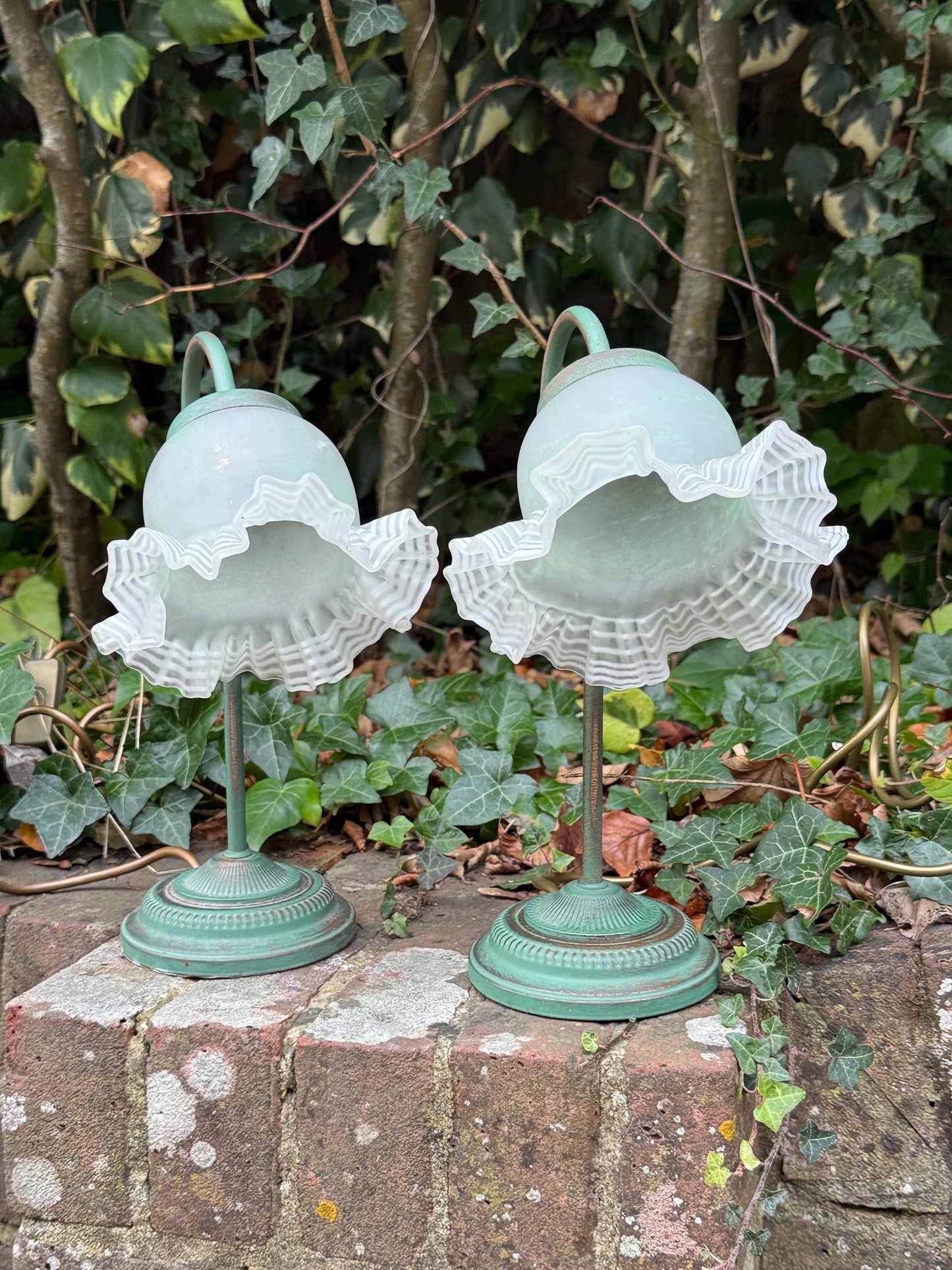 1980s Art Deco Revival Bedside Lights, Pair of Vintage BHS Ruffled Glass Table Lamps – Green Metal Base, Romantic Cottage Country Lighting